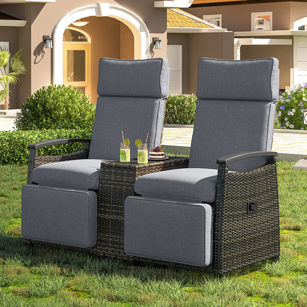 Patio Recliner Loveseat Chair, Adjustable Backrest Wicker Outdoor Lounge Chair Set with Acacia Wood Armrests and Built-in Storage Table for Balcony, Porch, Lawn, Gray