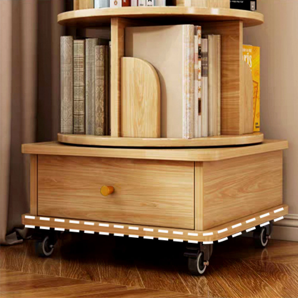 Chic Crate-5-Tier Rotating Bookshelf – 360° Display | Wheels+Drawer | Space-Saver | Bedroom/Living Room/Office | Wood