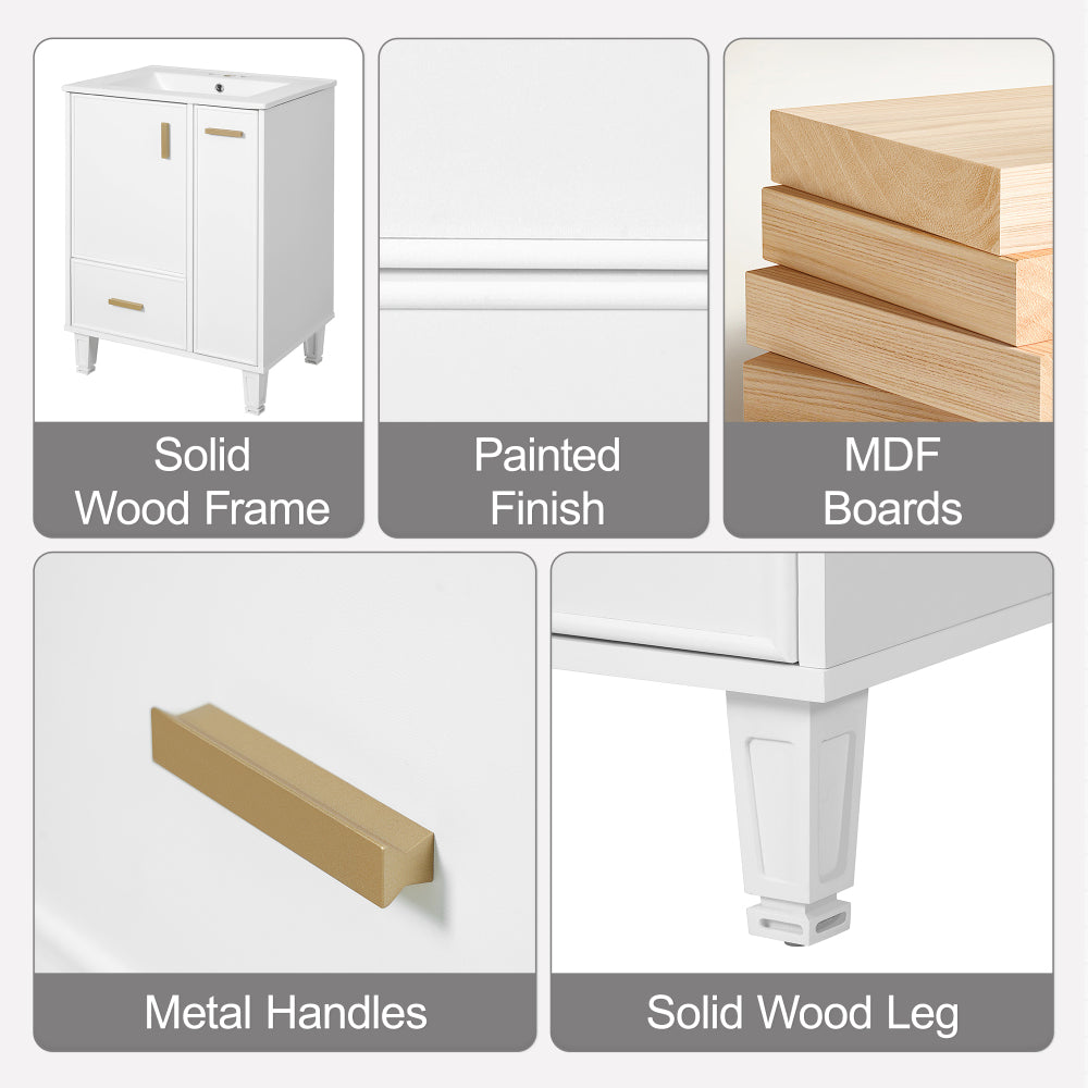 Chic Crate-24" Modern Bathroom Vanity – Sink & Deep Drawer | 2-Tier Pull-Out Basket | Solid Wood Frame | White