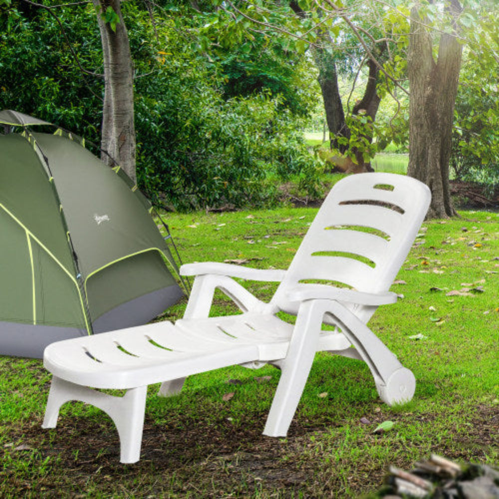 Outdoor Chaise Lounge Chair with 5-Level Adjustable Backrest & Wheels, Folding Sun Tanning Chair for Pool, Beach, Patio, Garden, White