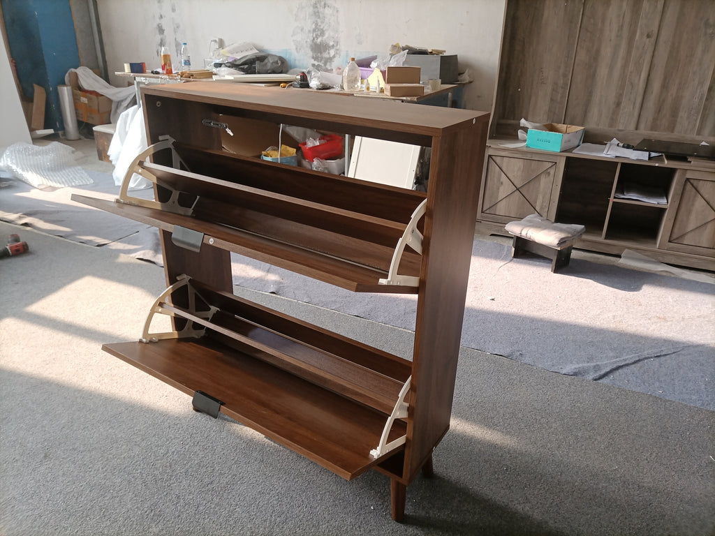 Medieval Modern Independent Shoe Cabinet, 31.5-inch Walnut Shoe Storage Cabinet,, Fence Shoe Cabinet with 2 Flip Drawers, Suitable For Corridors And Entrances