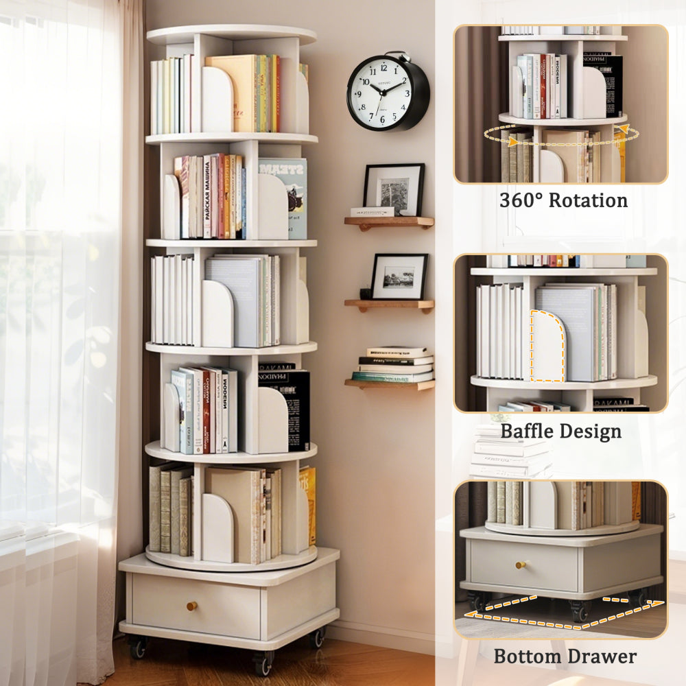 Chic Crate 6-Tier 360° Rotating Bookshelf with Wheels & Drawer, Space-Saving Bookcase for Bedroom & Home Office