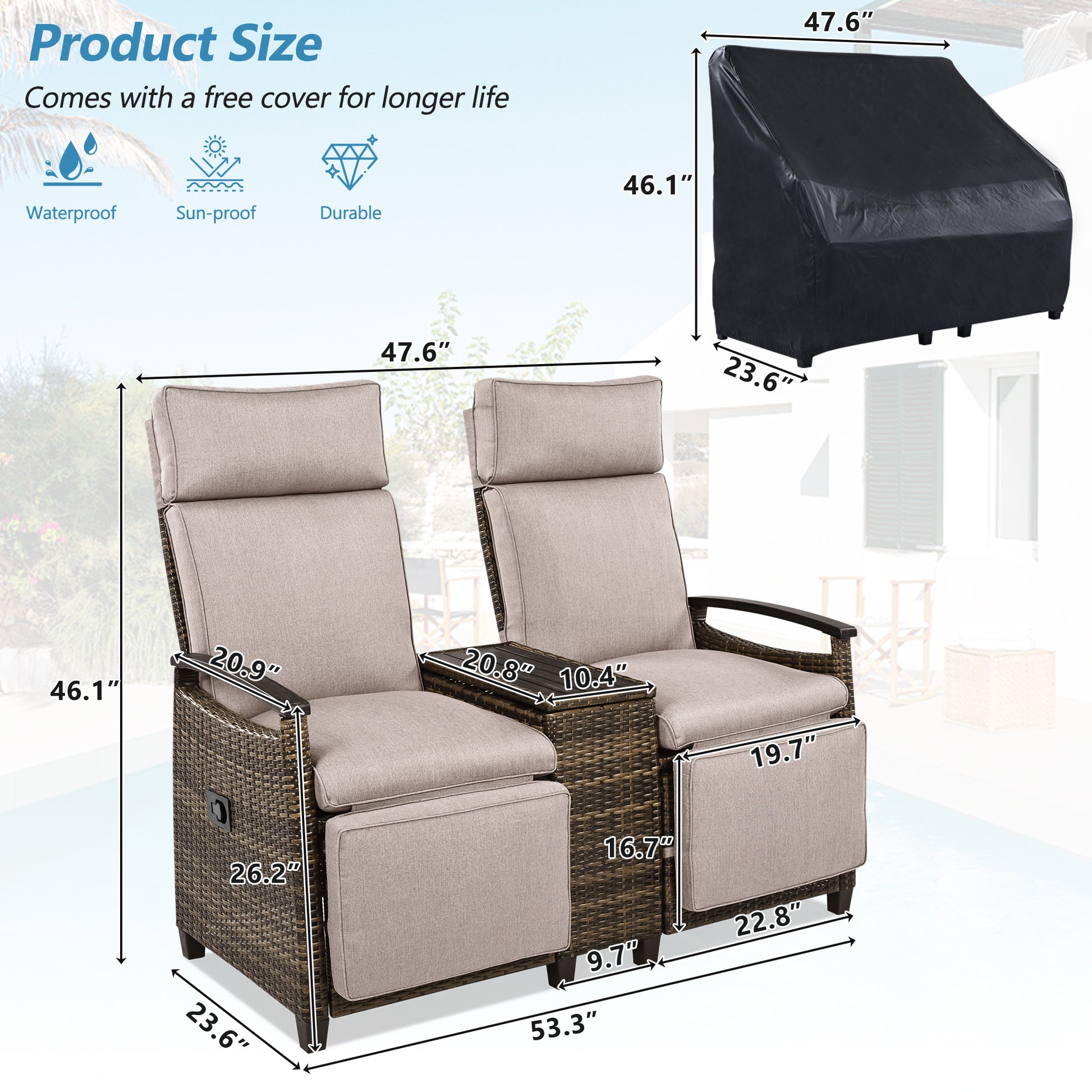 Patio Recliner Loveseat Chair, Adjustable Backrest Wicker Outdoor Lounge Chair Set with Acacia Wood Armrests and Built-in Storage Table for Balcony, Porch, Lawn, Brown