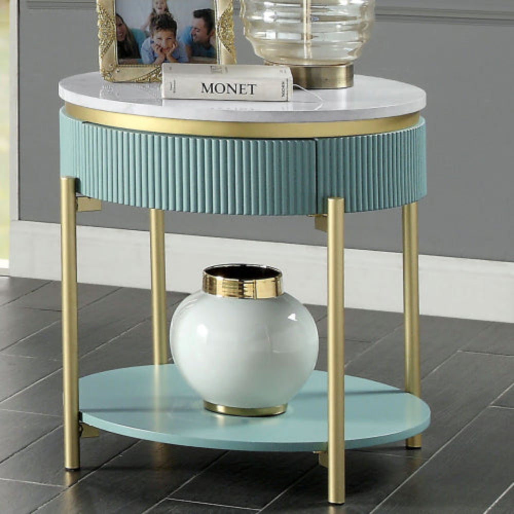 Round End Table, Light Teal with White Faux Marble Top, Matte Gold Steel Frame, Curved Reeded Panels, Concealed Storage Drawer & Open Bottom Shelf