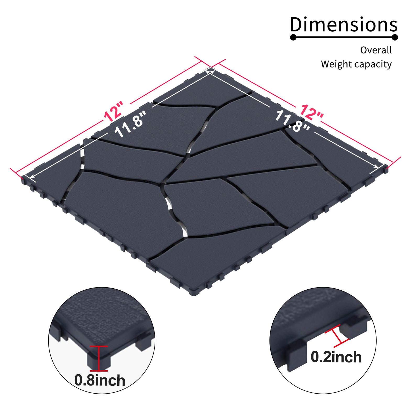 Chic Crate 44Pcs 12'' Stone Style Interlocking Patio Deck Tiles – DIY Tile, Dark Gray