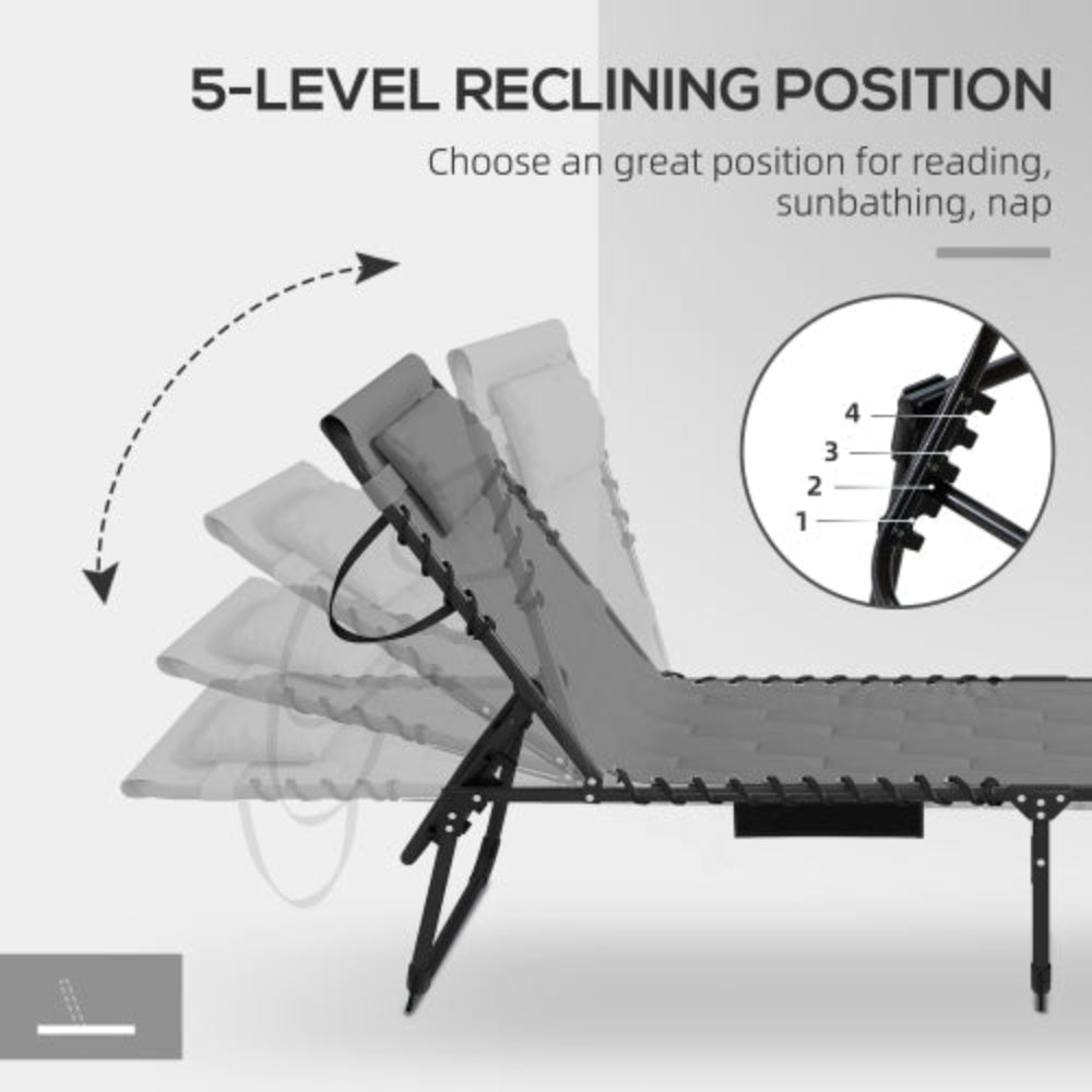 Folding Chaise Lounge Set, 5-Level Reclining Outdoor Tanning Chair with Padded Seat, Side Pocket and Headrest for Beach, Yard, Patio, Gray