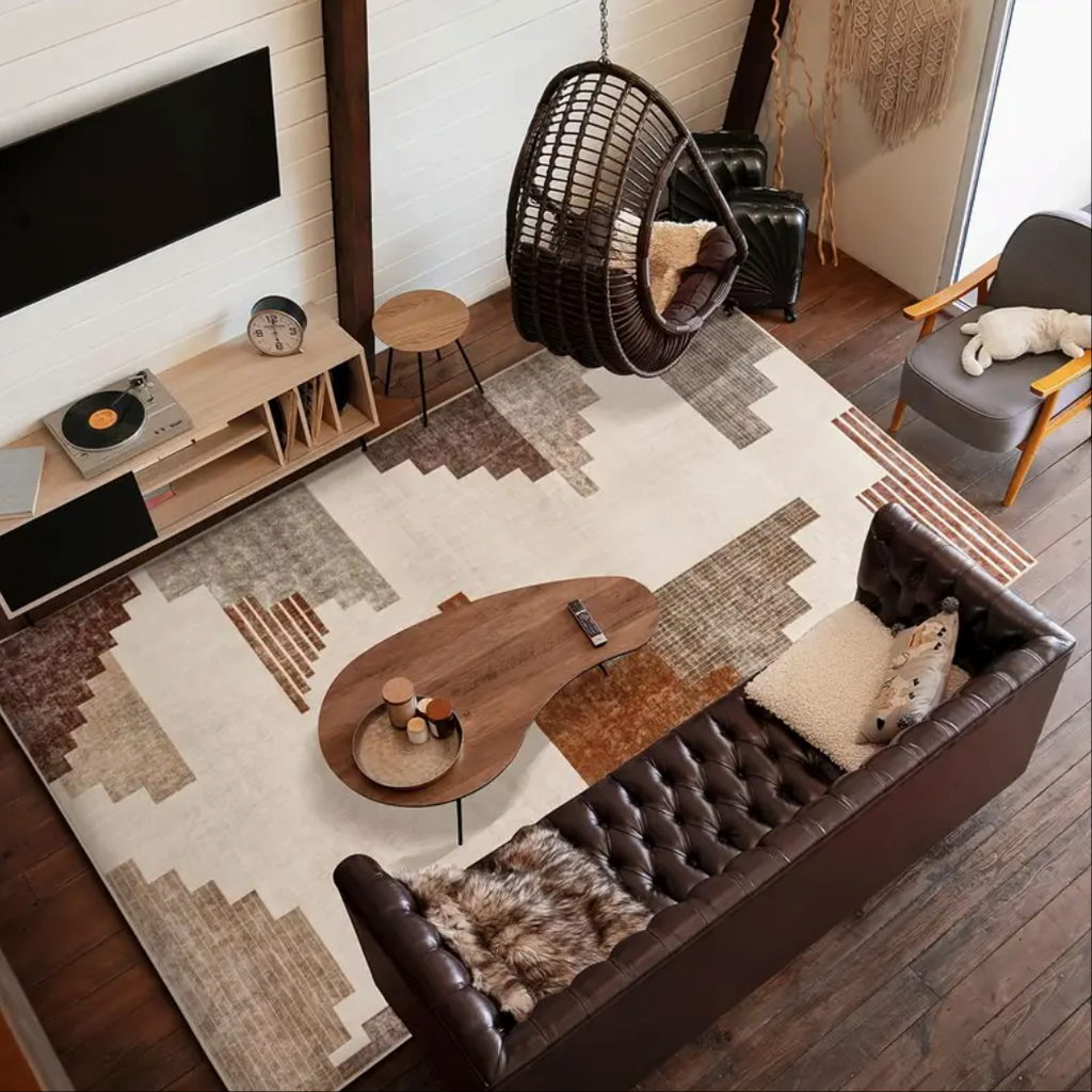 Modern Geometric Orange Area Rug, Low Pile Washable Non-Slip Polyester Mat for Entryway & Living Room