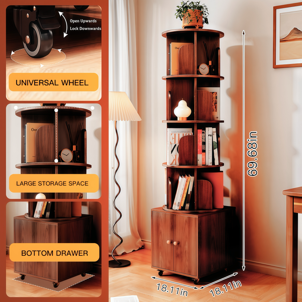 Chic Crate 360° Rotating 5-Tier Corner Bookshelf with Drawer, Narrow Floor Bookcase for Small Spaces