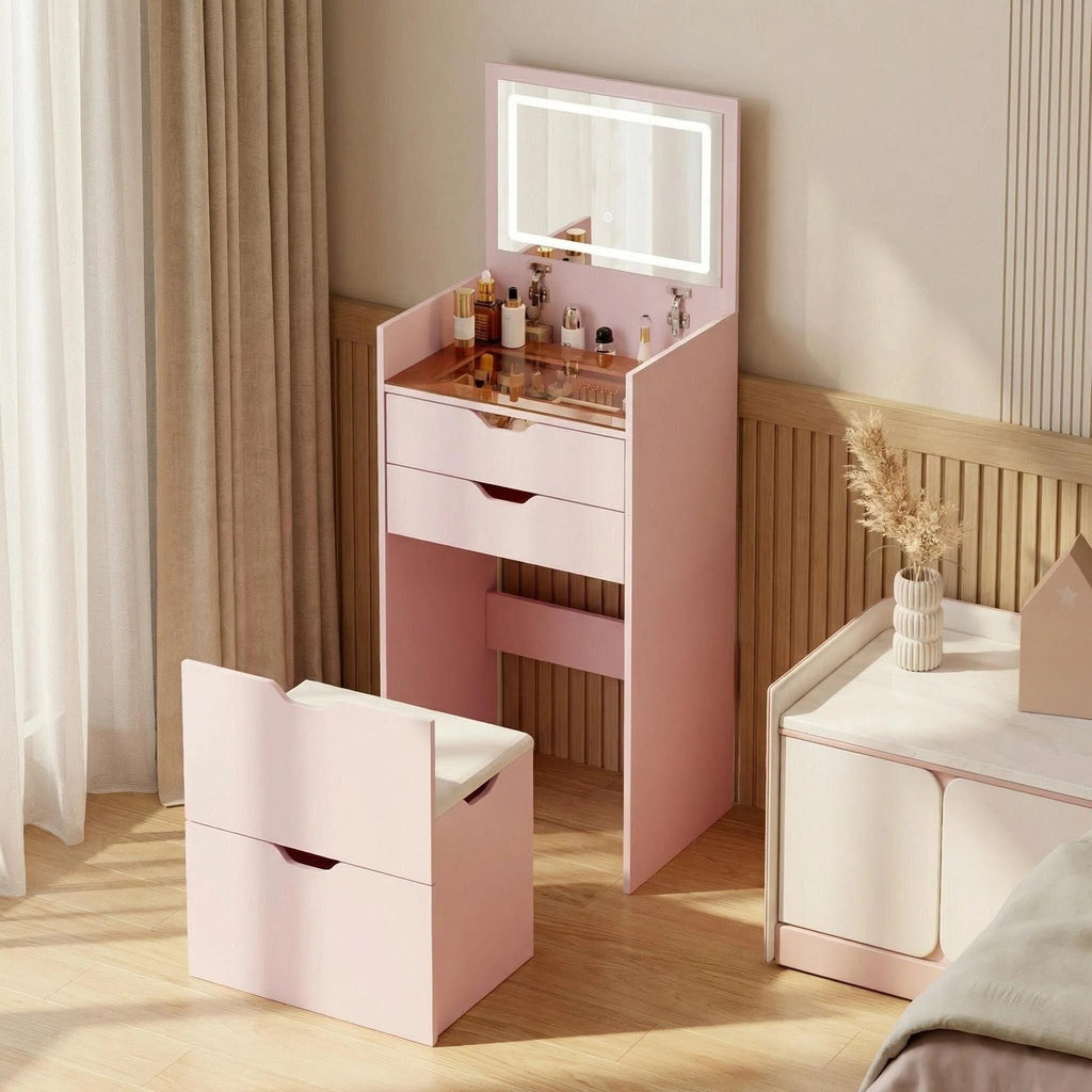 Makeup Vanity with Lights, 3-in-1 Vanity Desk Set with HD Mirror, 2 Drawers & Hidden Storage Stool