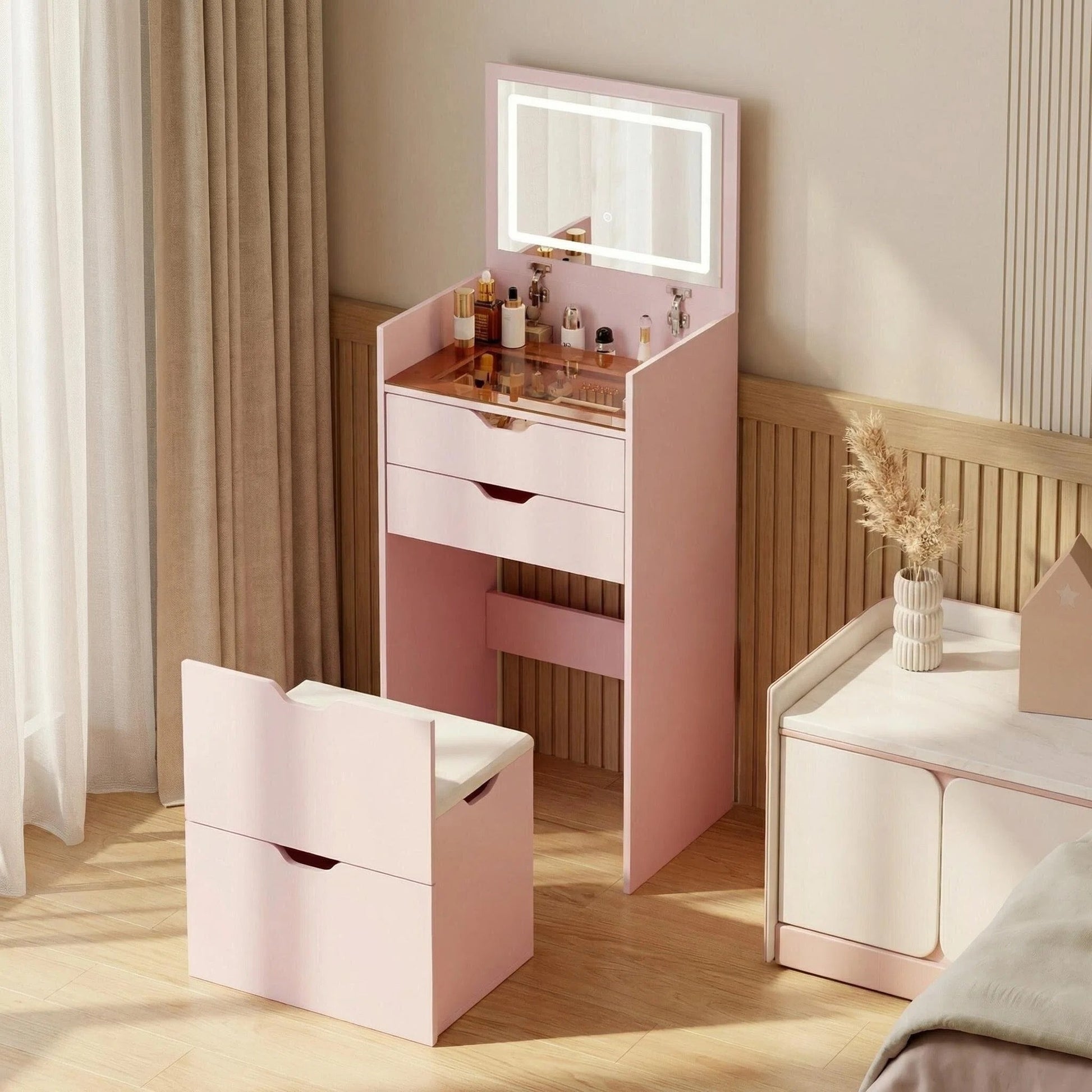 Makeup Vanity with Lights, 3-in-1 Vanity Desk Set with HD Mirror, 2 Drawers & Hidden Storage Stool