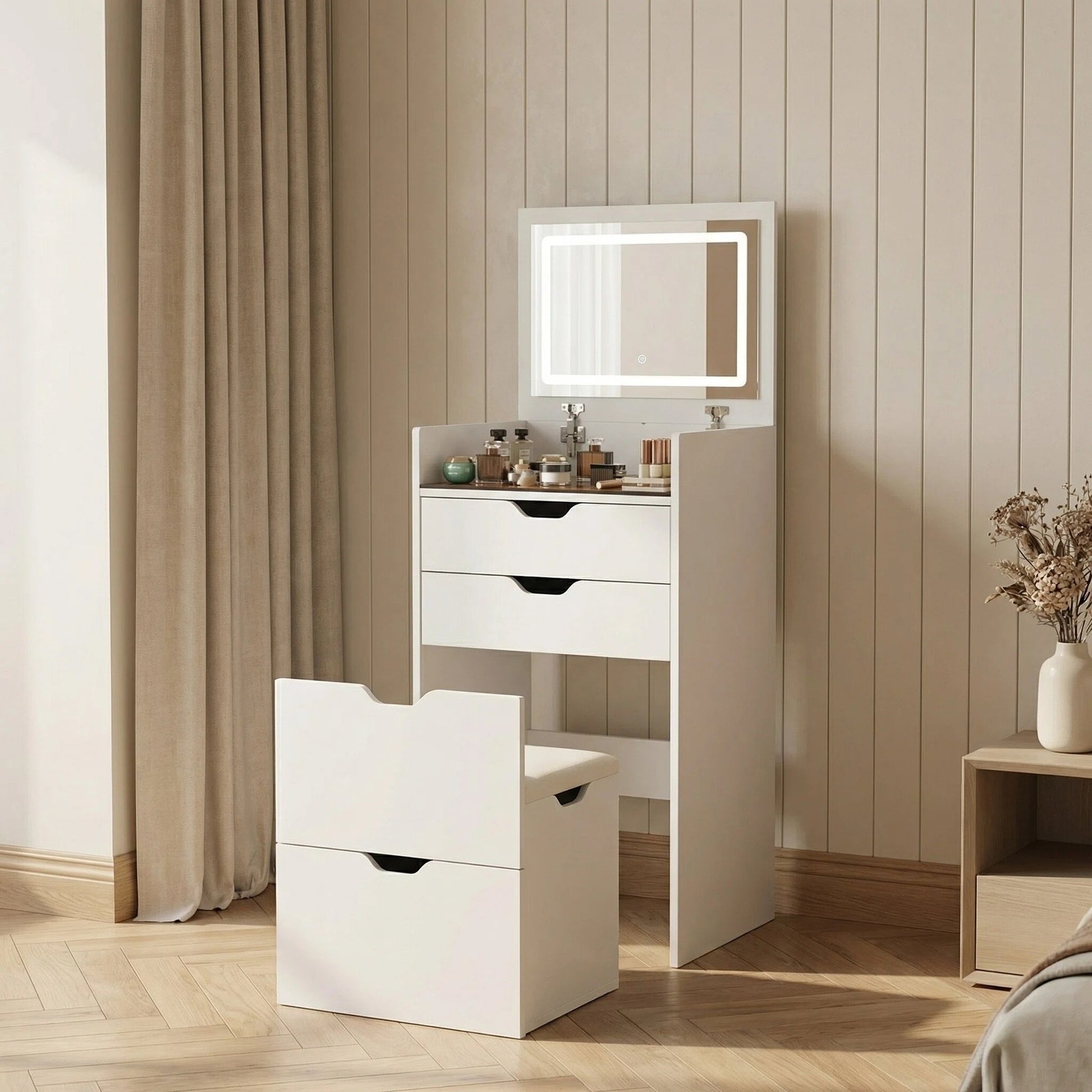 Makeup Vanity with Lights, 3-in-1 Vanity Desk Set with HD Mirror, 2 Drawers & Hidden Storage Stool