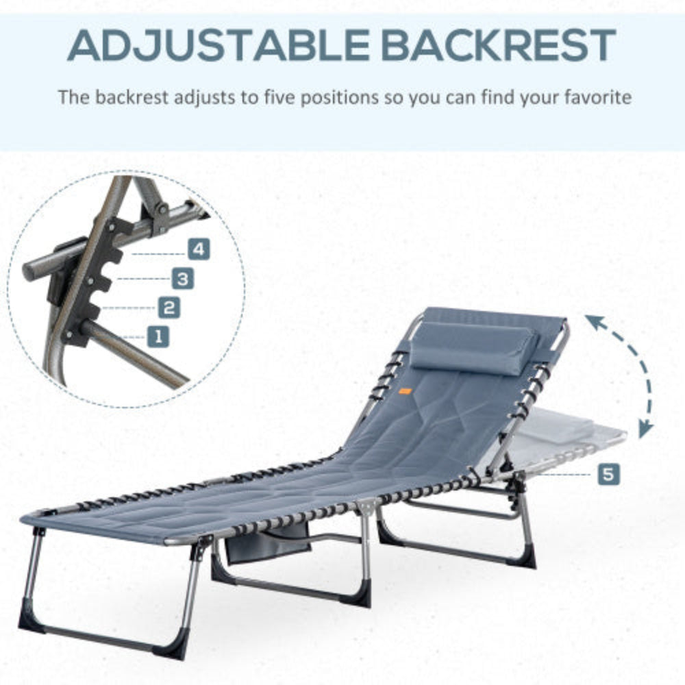 Padded Folding Chaise Lounge Chair, Reclining Outdoor Tanning Chair with Headrest, for Beach, Yard, Patio & Pool, Gray
