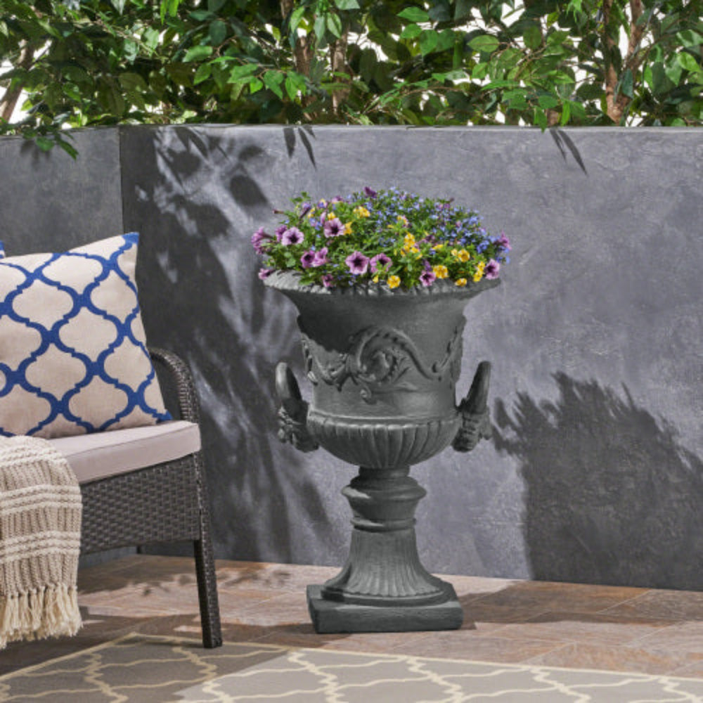 28.25" Black Chalice Urn Planter, Roman Style Faux Stone Decorative Plant Pot for Indoor Outdoor Garden Patio, Handmade Unique Square Base Flower Pot