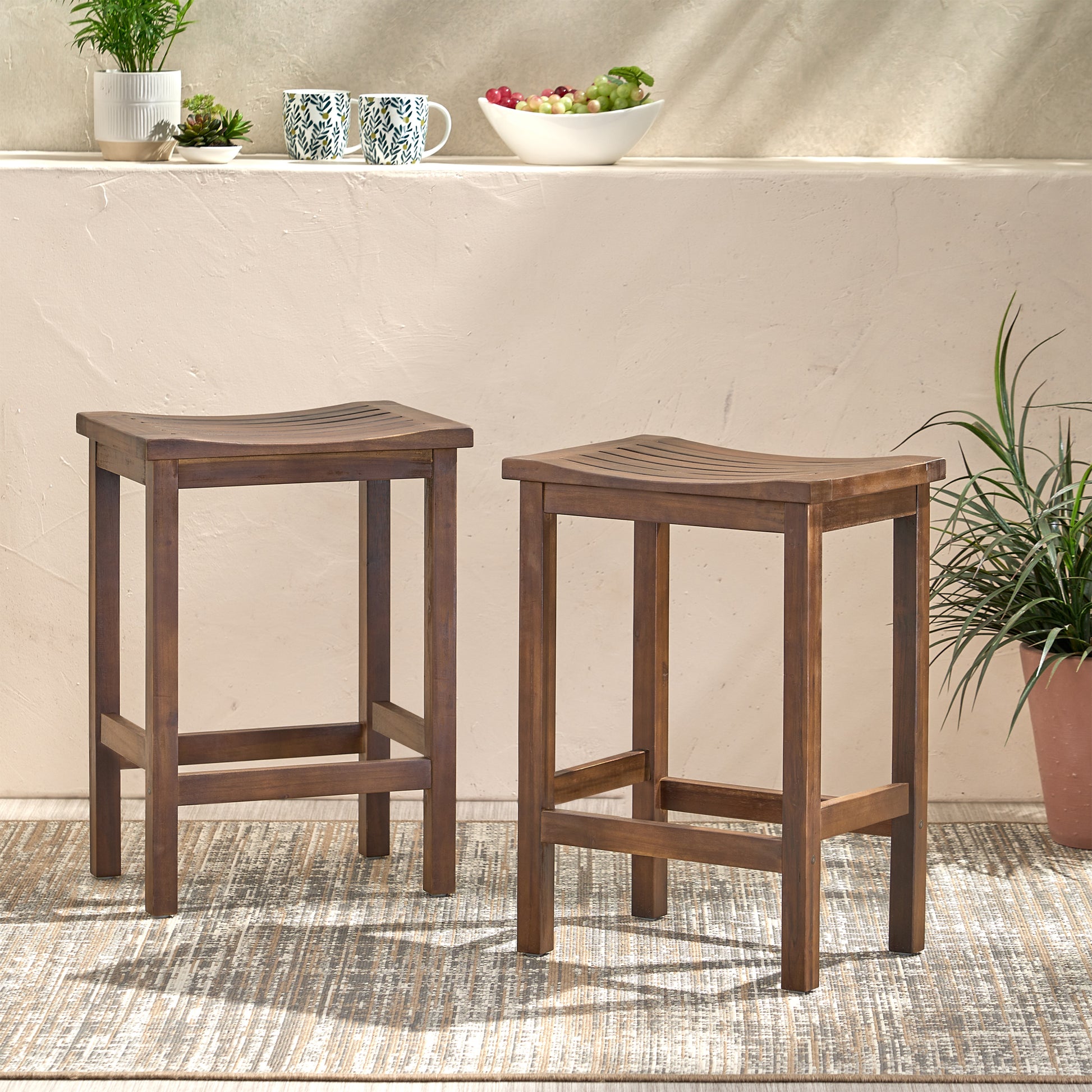 Acacia Wood Counter Height Bar Stools Set of 2, Mahogany Brown Outdoor Patio Kitchen