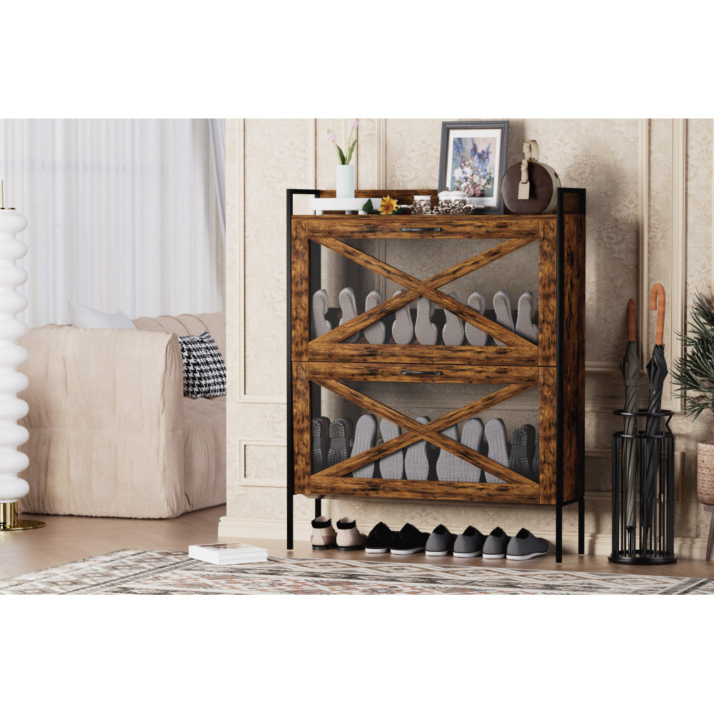 Chic Crate-2-Drawer Flip-Top Shoe Cabinet – Narrow | Entryway | Metal Legs | Rustic Brown | 31.5inx8.5inx39.5in