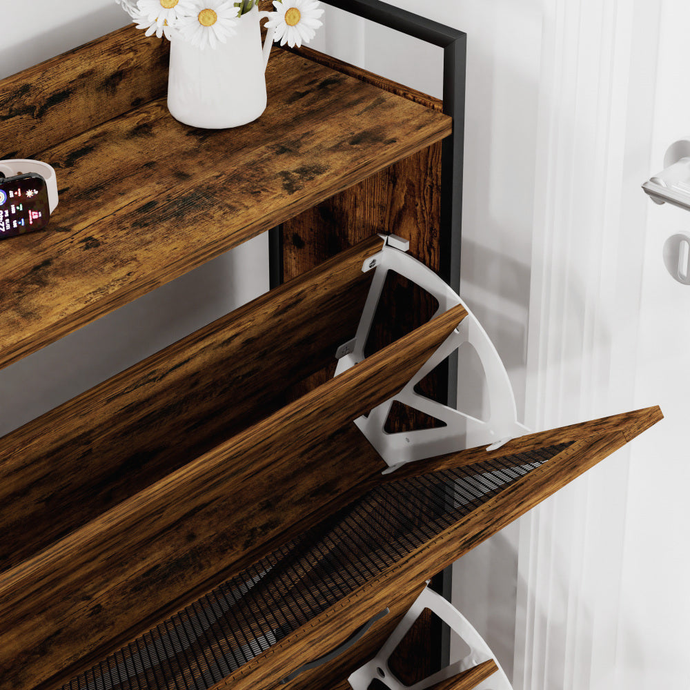 Chic Crate-2-Drawer Flip-Top Shoe Cabinet – Narrow | Entryway | Metal Legs | Rustic Brown | 31.5inx8.5inx39.5in