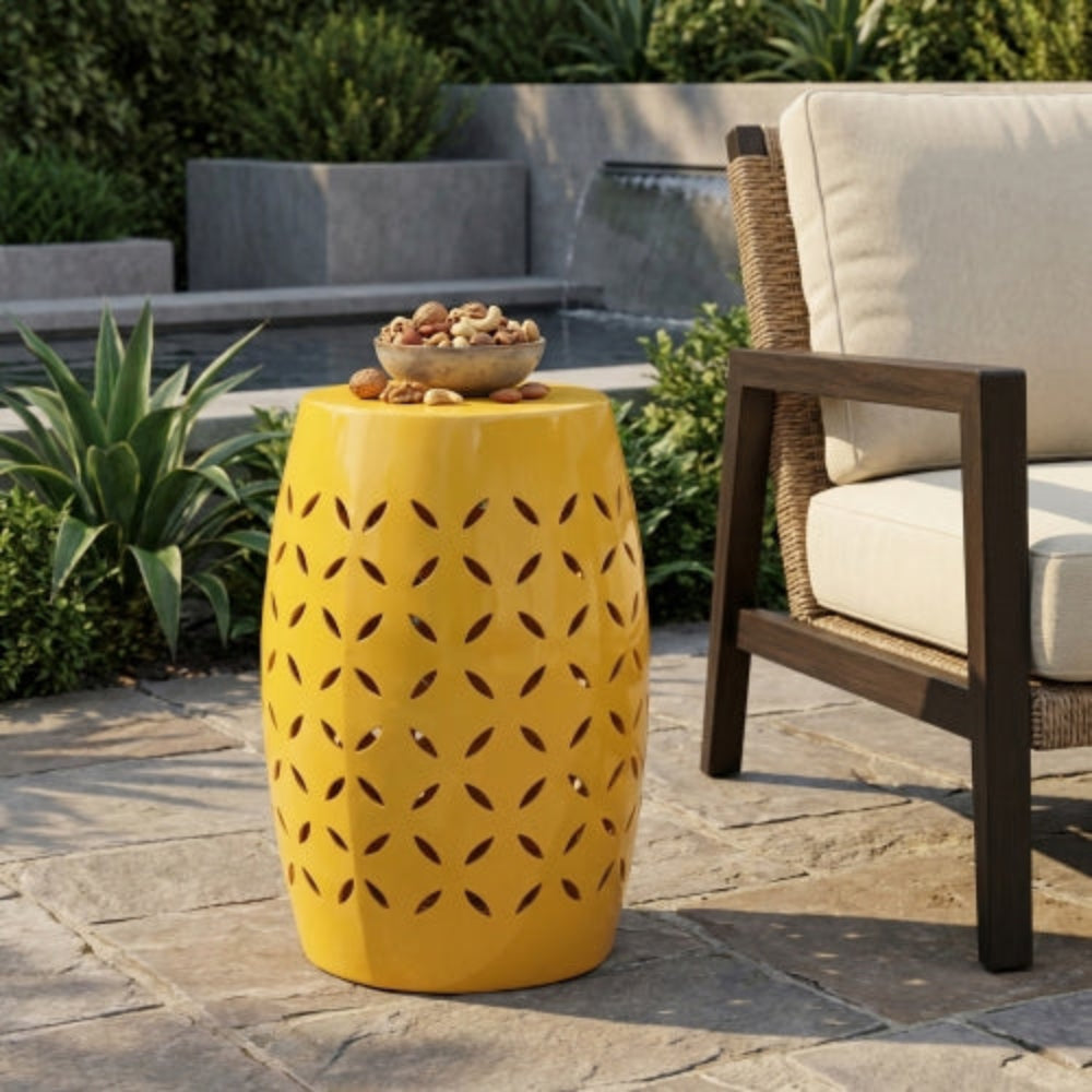 Outdoor Barrel Shaped Lace-Cut Side Table, All-Metal Construction, No Assembly, Versatile for Patio Garden Backyard - Yellow