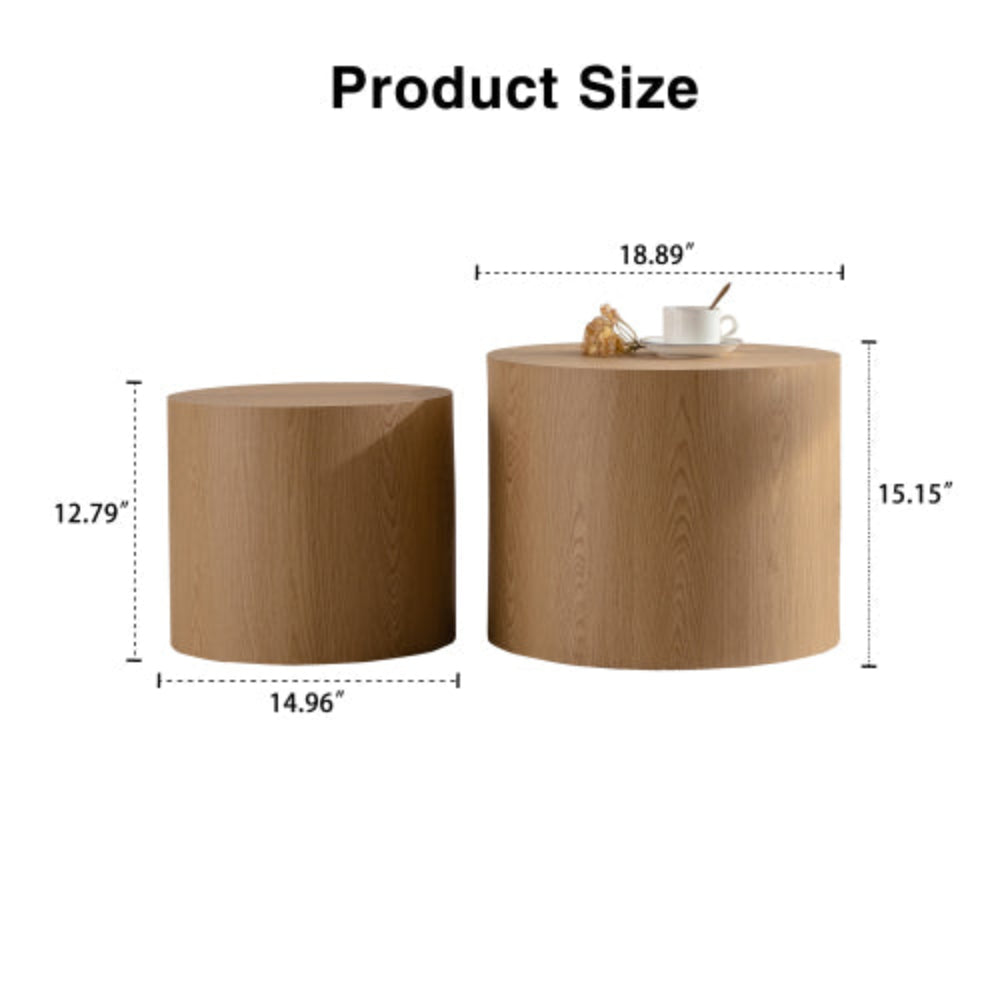 Nesting Coffee Table Set of 2, Round Wooden Modern Design, Space-Saving Accent End Side Tables for Small Living Room, Bedroom Office - Natural