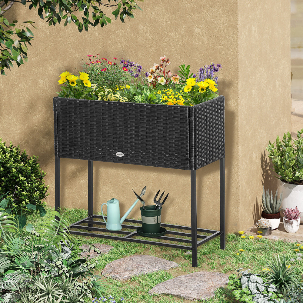 Chic Crate - Raised Garden Bed, Elevated Planter Box with Rattan Wicker Look, Tool Storage Shelf, Portable Design for Herbs, Vegetables, Flowers, Black