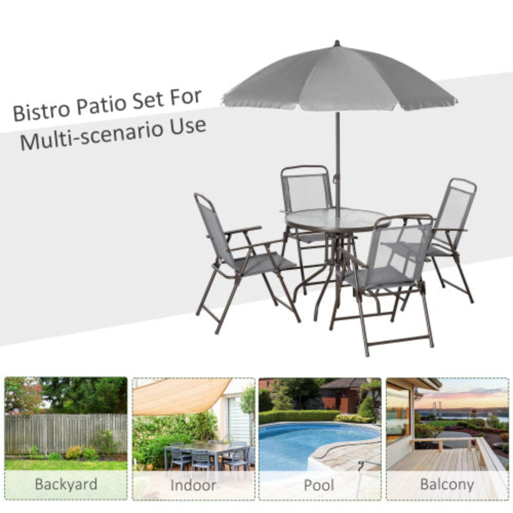 6 Piece Patio Dining Set for 4 with Umbrella/ Outdoor Set with 4 Folding Dining Chairs and Round Glass Table for Garden Backyard and Poolside - Gray