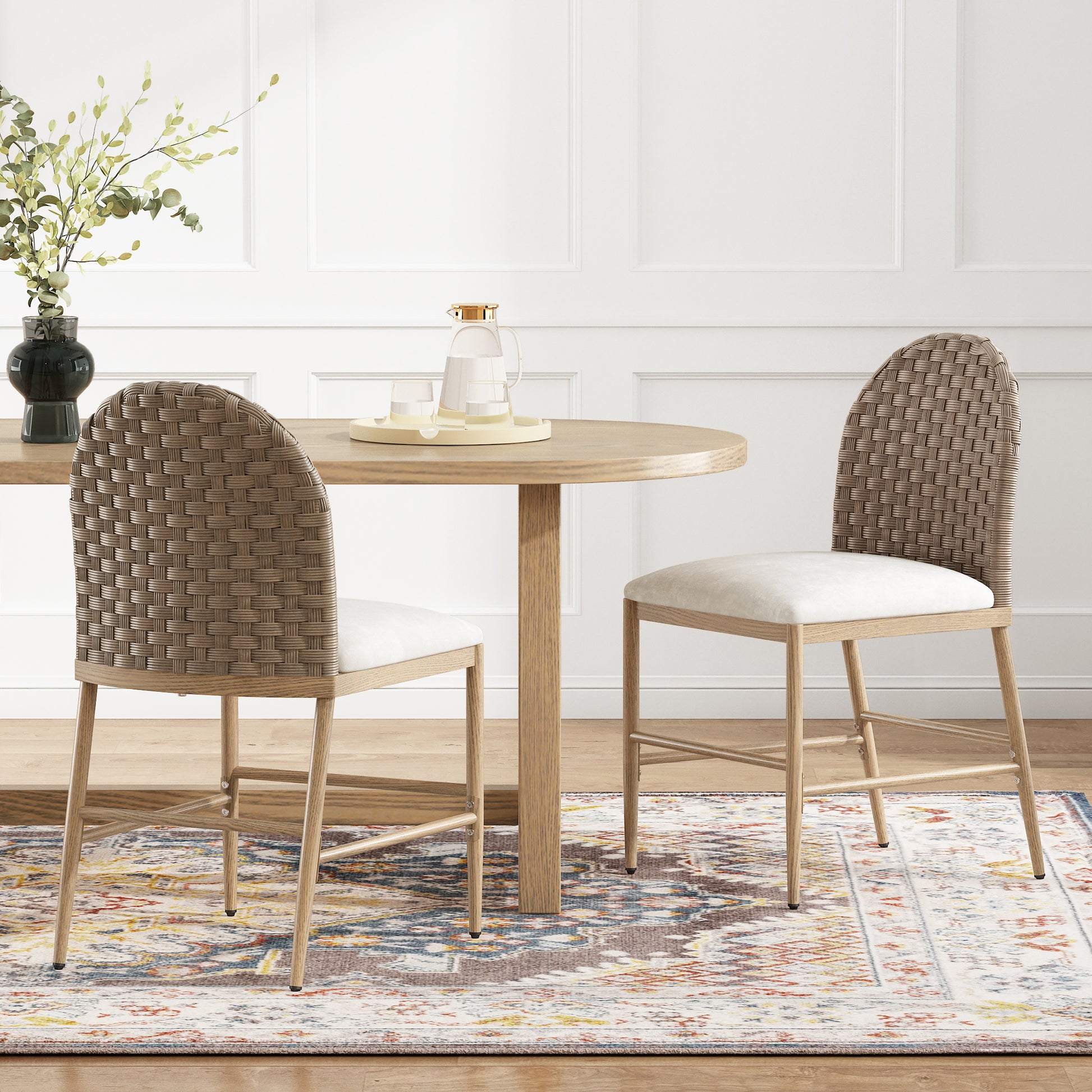 Farmhouse Dining Chairs with Artisan Rattan Backrest & Sturdy Iron Frame (Set of 2)