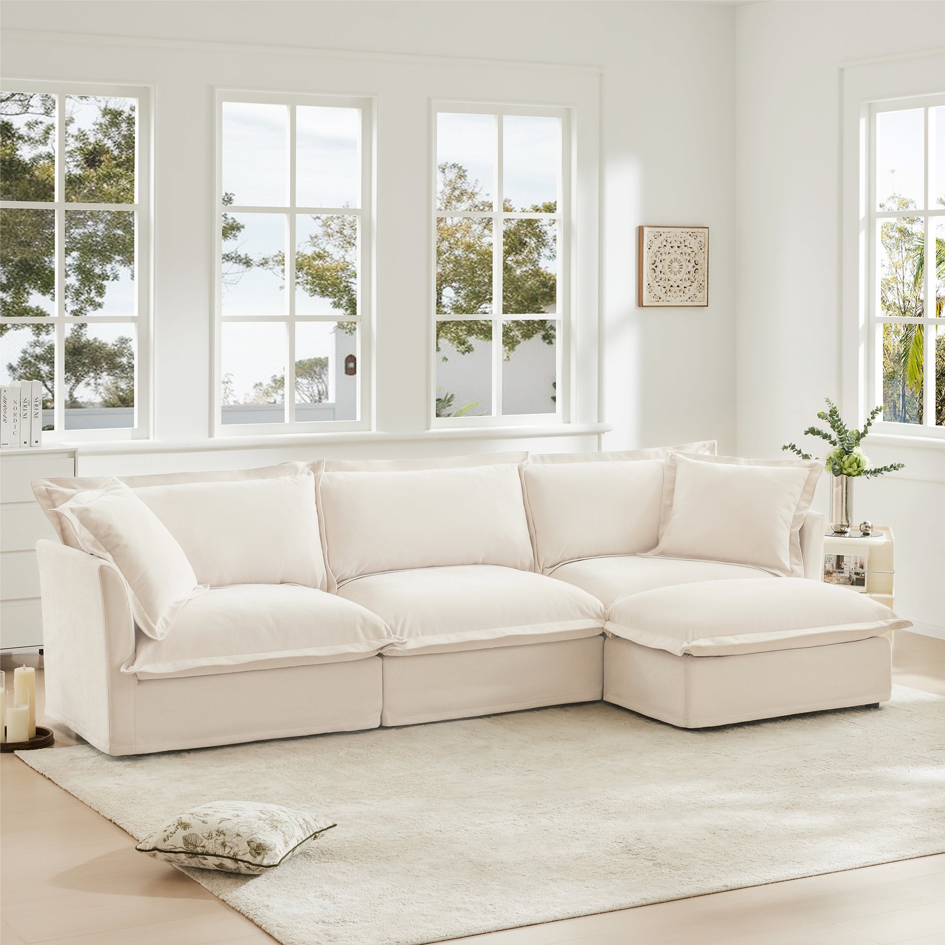 Comfy L-Shaped Sectional Sofa, Oversized Cloud Couch with Convertible Ottoman for Living Room