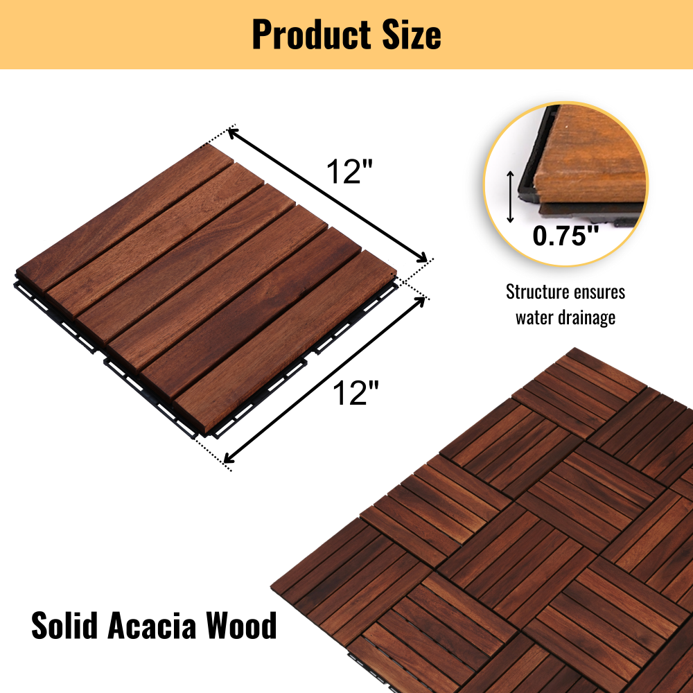 Chic Crate 10Pack 12in Striped Deck Tiles – Interlocking Brown Acacia Hardwood Flooring