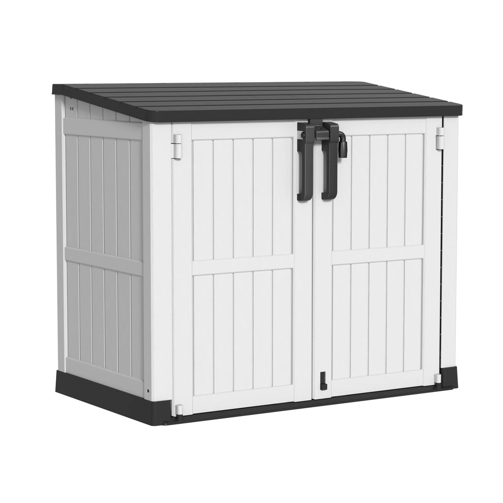 Chic Crate-Resin Tool Shed, 36 Cu Ft Waterproof Outdoor Horizontal Storage, Weather-resistant Utility Shed With Air Vent For Trash And Lockable Doors, Garden Tools （black And White）