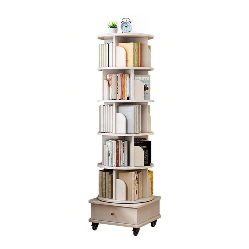 Chic Crate 6-Tier 360° Rotating Bookshelf with Wheels & Drawer, Space-Saving Bookcase for Bedroom & Home Office