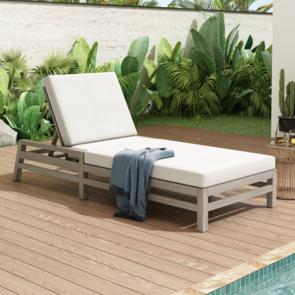 5-Position Adjustable Outdoor Chaise Lounge Solid Wood with Cushions for Pool and Balcony
