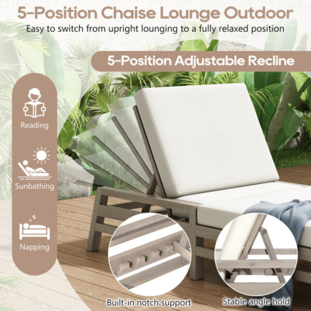 5-Position Adjustable Outdoor Chaise Lounge Solid Wood with Cushions for Pool and Balcony