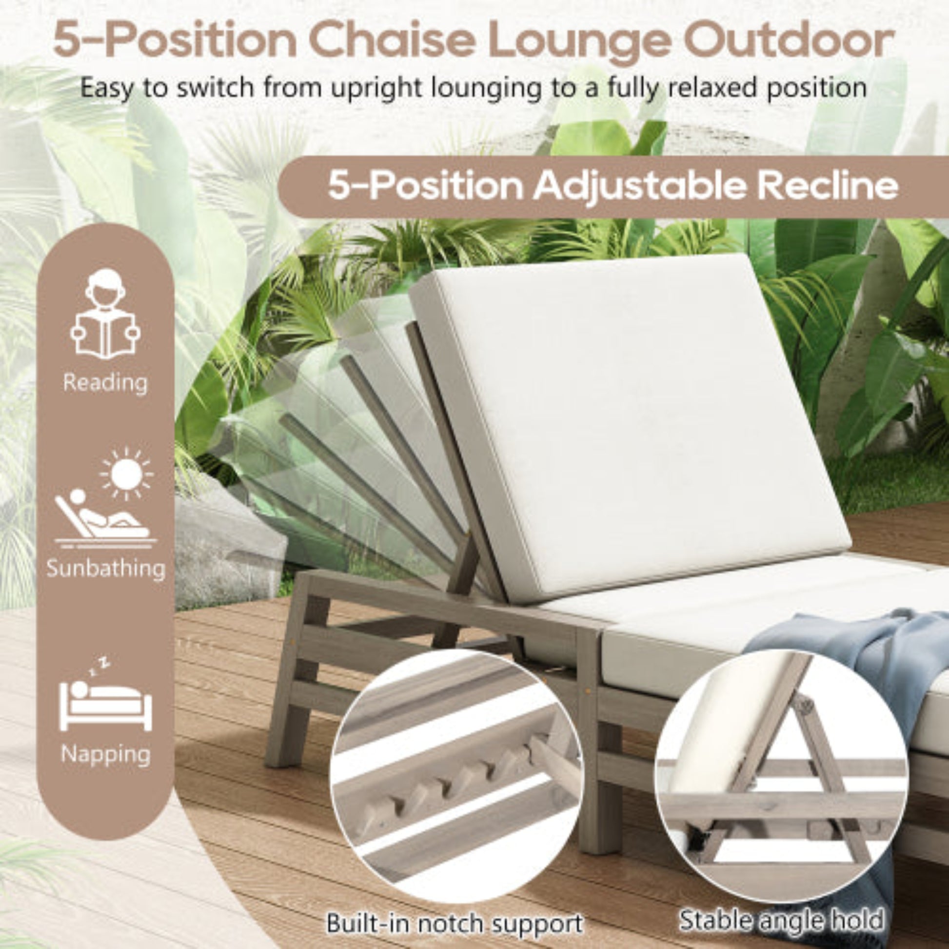 5-Position Adjustable Outdoor Chaise Lounge Solid Wood with Cushions for Pool and Balcony