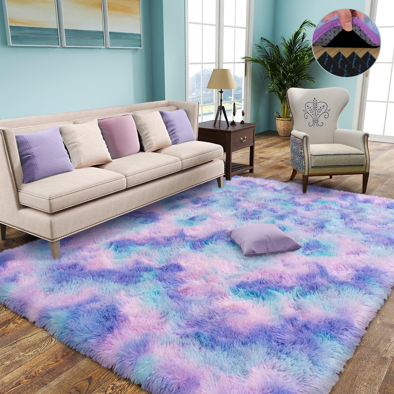 5x7ft Soft Fluffy Rainbow Area Rug, Non-Slip Shag Carpet for Living Room Bedroom, Plush Rug for Home Dorm Decor