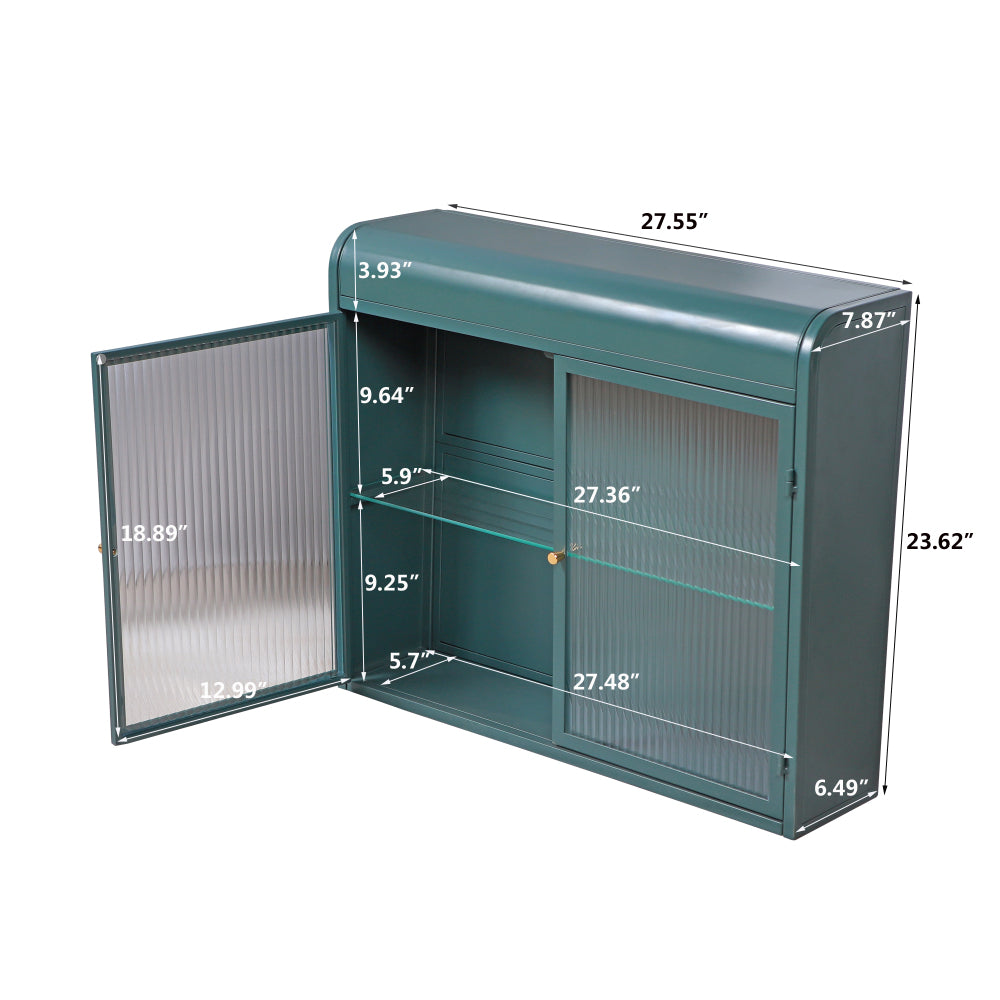 Chic Crate-Army Green 2-Door Wall-Mounted Metal Cabinet – Tempered Glass Shelves | Multi-Room | Bath, Kitchen, Office