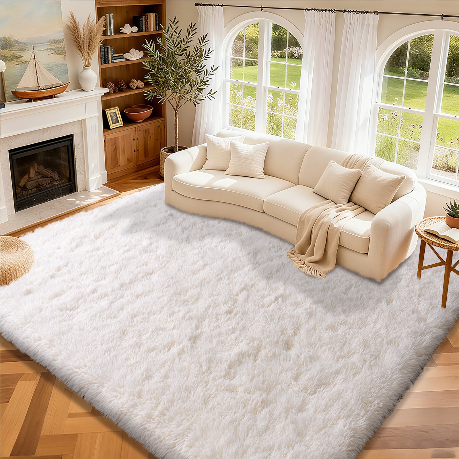 Rainbow Tie-Dye Fluffy Area Rug with Non-Slip Base & 4 Reusable Stickers, Plush Indoor Mat