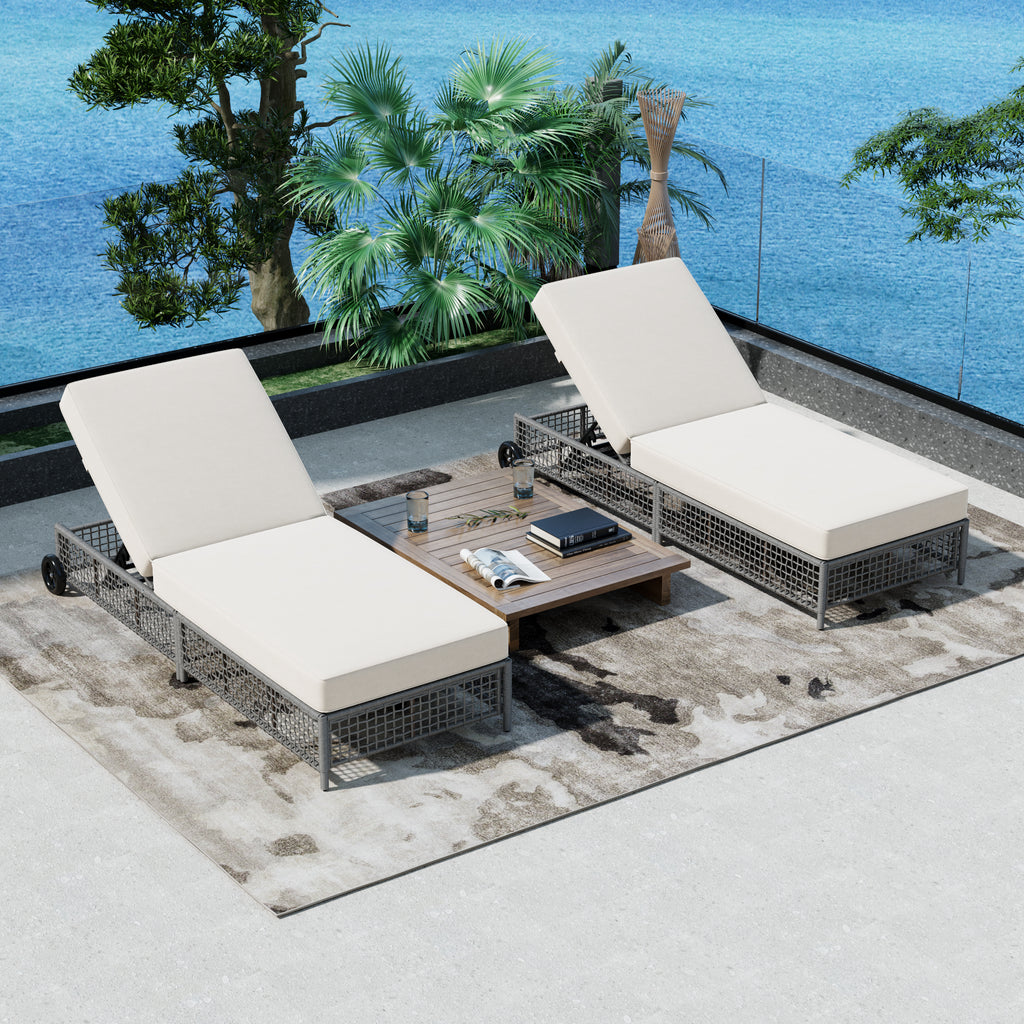 Outdoor Lounge Chair Set of 2, Patio Chaise Lounge with 5-Position Backrest, Rattan Outdoor Lounge Chair with Cushion and Wheels for Poolside, Backyard, Garden