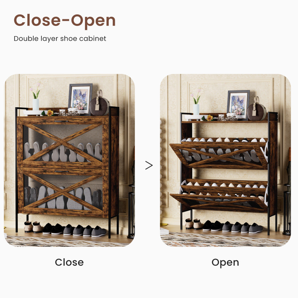 Chic Crate-2-Drawer Flip-Top Shoe Cabinet – Narrow | Entryway | Metal Legs | Rustic Brown | 31.5inx8.5inx39.5in