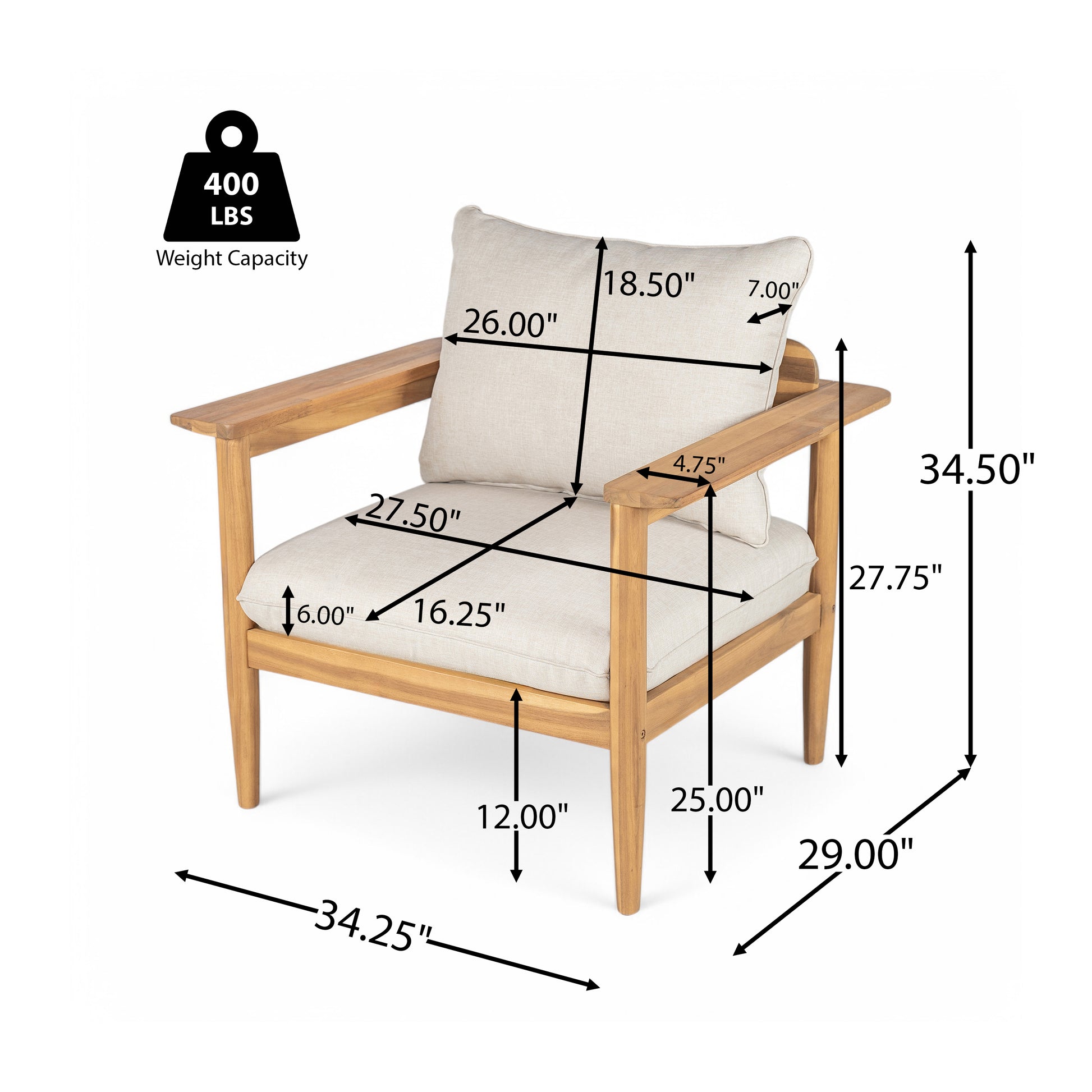 Modern Acacia Wood Outdoor Lounge Chair with Ottoman - Cushioned Patio Seating