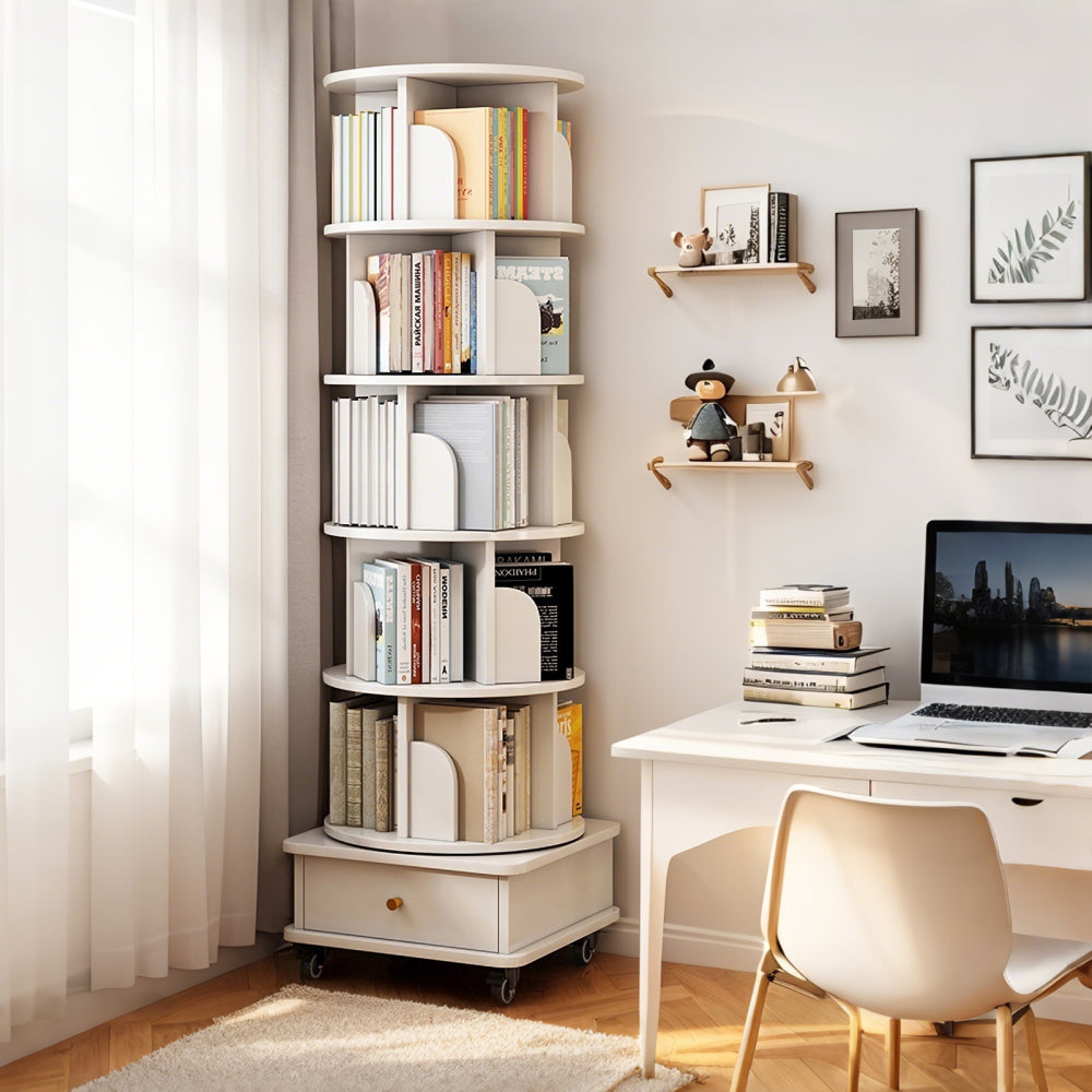 Chic Crate 6-Tier 360° Rotating Bookshelf with Wheels & Drawer, Space-Saving Bookcase for Bedroom & Home Office