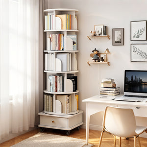 Chic Crate 6-Tier 360° Rotating Bookshelf with Wheels & Drawer, Space-Saving Bookcase for Bedroom & Home Office