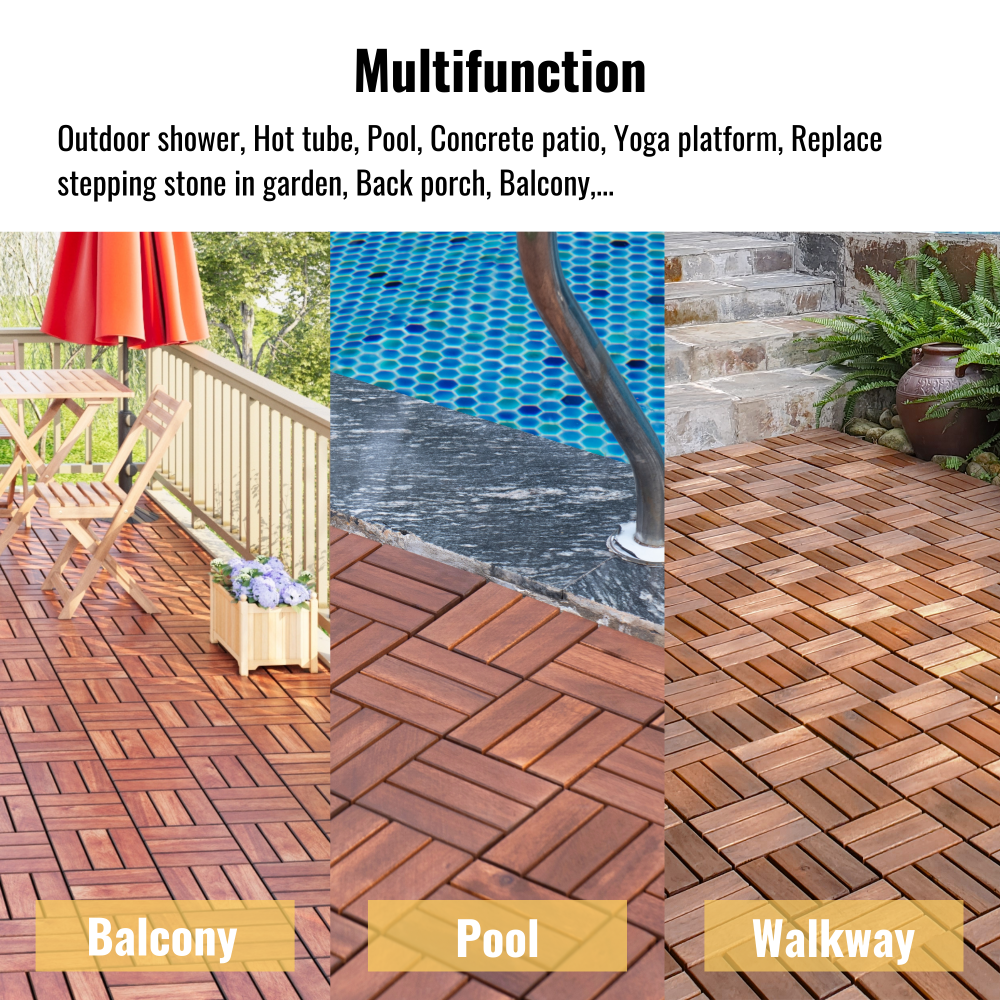 Chic Crate 10Pack 12in Checker Pattern Deck Tiles – Interlocking Brown Acacia Hardwood Flooring