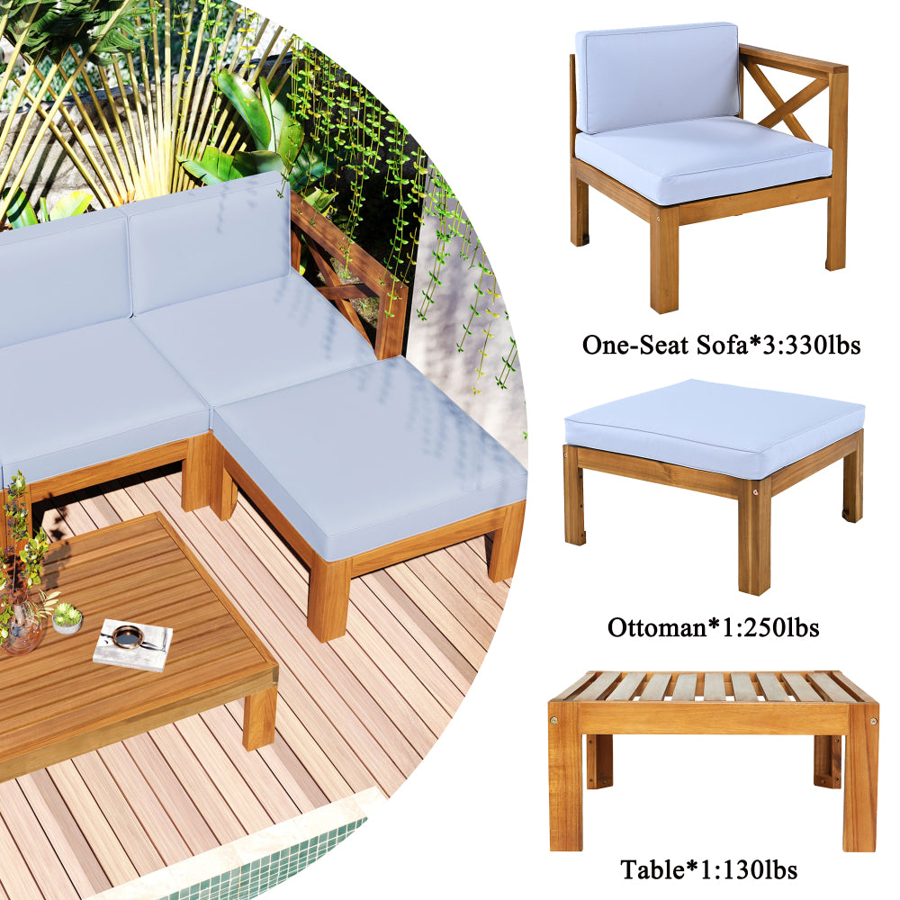 Chic Crate-5-Piece Wood Outdoor Patio Sectional Sofa Set with Water-Resistant Gray Cushions for Backyard, Porch, Deck - Natural Finish
