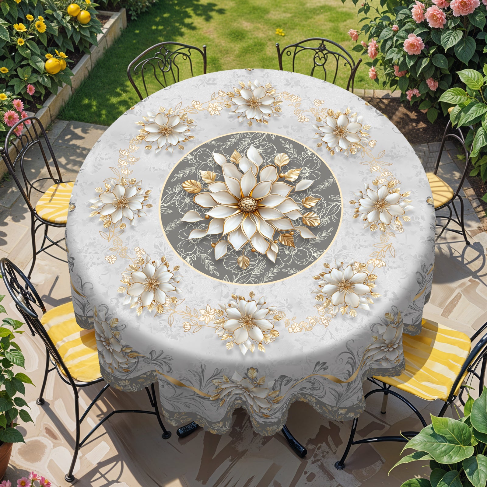 Floral Tablecloth with Colorful Flowers, Dustproof Easy-Care Dining Table Cover for Indoor Outdoor Use and Festive Home Decor