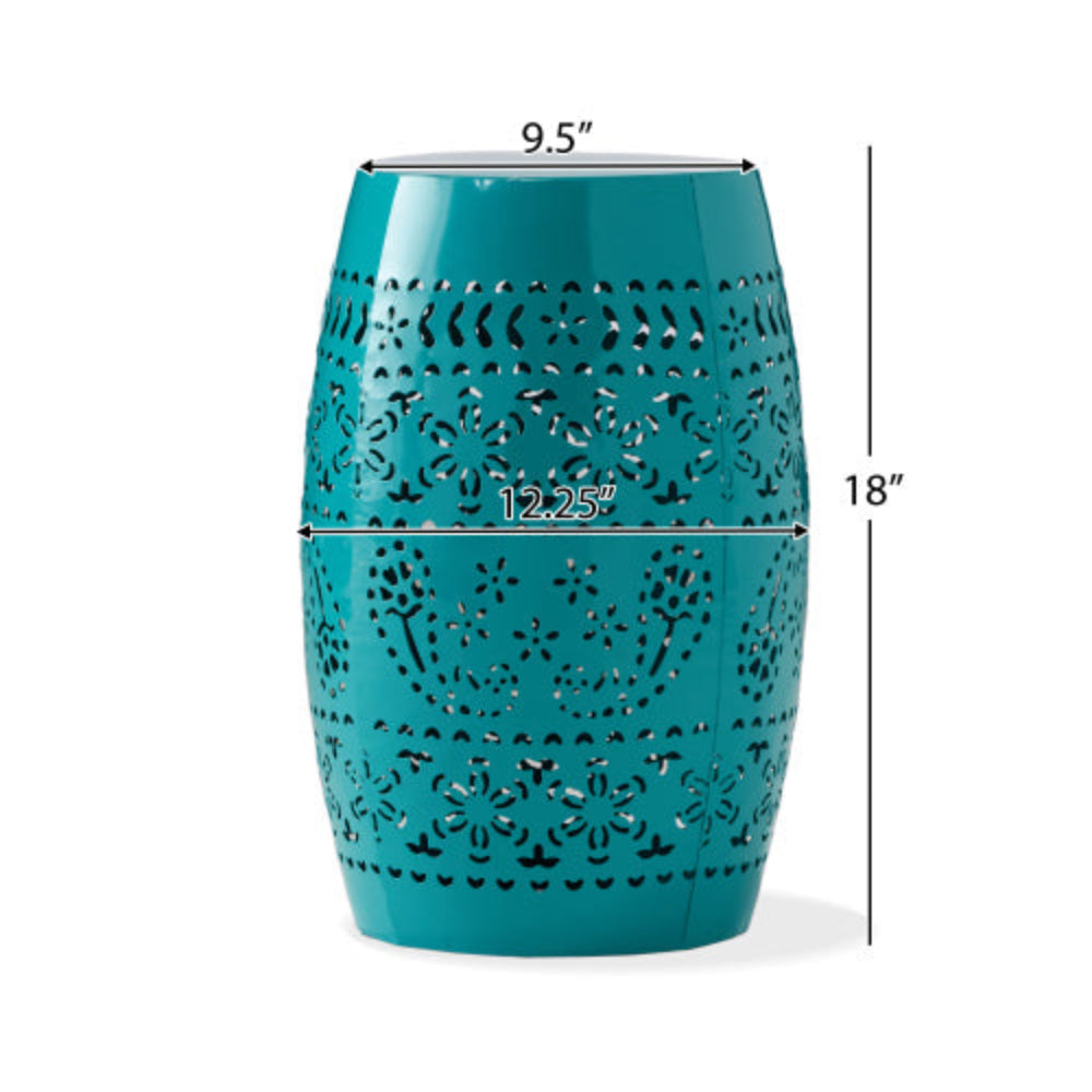 Boho Honeycomb Pattern Side Table, Lightweight Concrete Accent Table with Natural Wood Finish, Barrel Structure, 15.25"x18.25", No Assembly