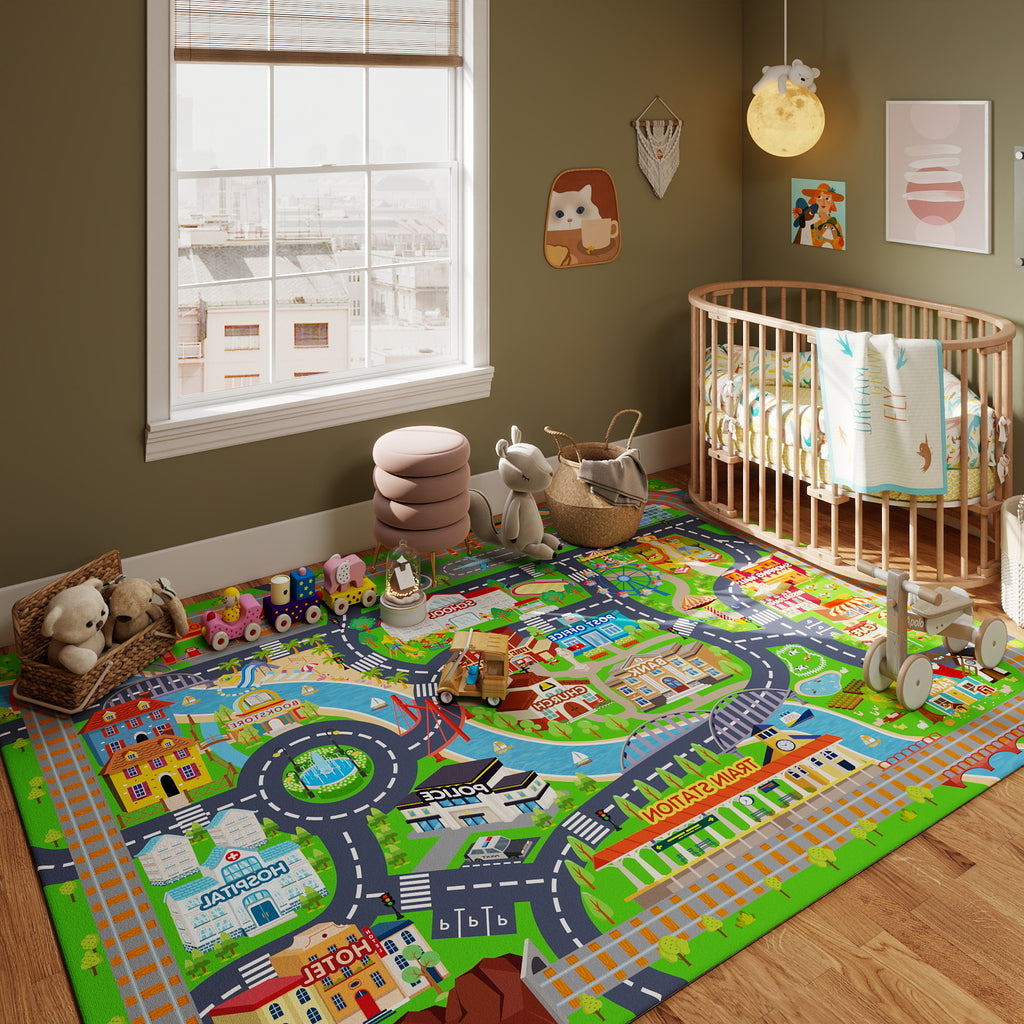 Car Rug Play Mat for Kids Toy Cars, Non-Slip Machine Washable Road Traffic Playmat for Kid Bedroom Home Decor