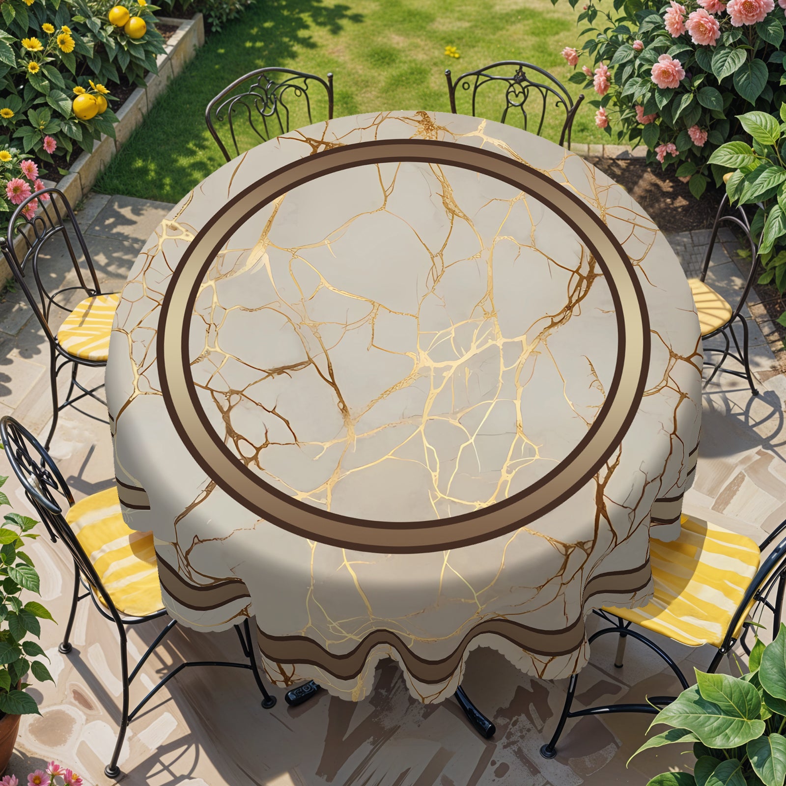 Vintage Golden stripes Tablecloth, Dustproof Easy-Care Dining Table Cover for Indoor Outdoor Use and Festive Home Decor