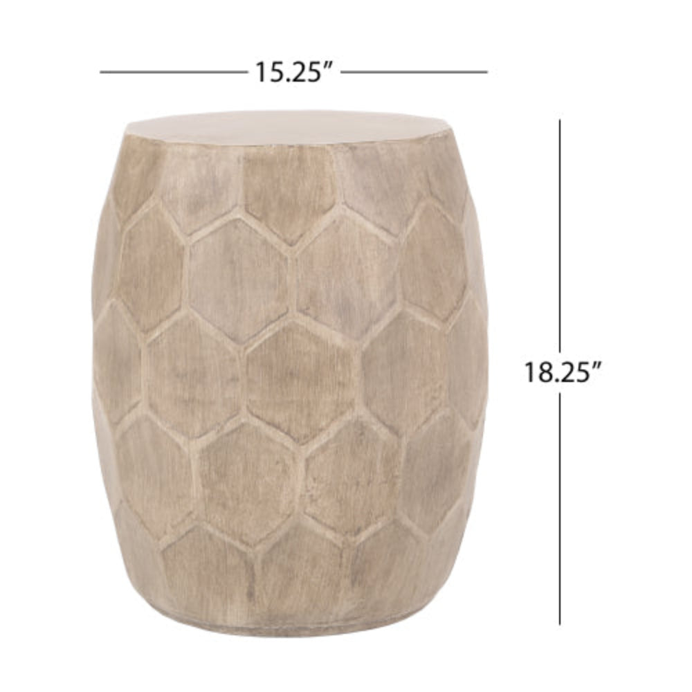 Boho Honeycomb Barrel Side Table, Lightweight Concrete with Natural Wood Finish, 15.25"x18.25" Accent Table, No Assembly Required