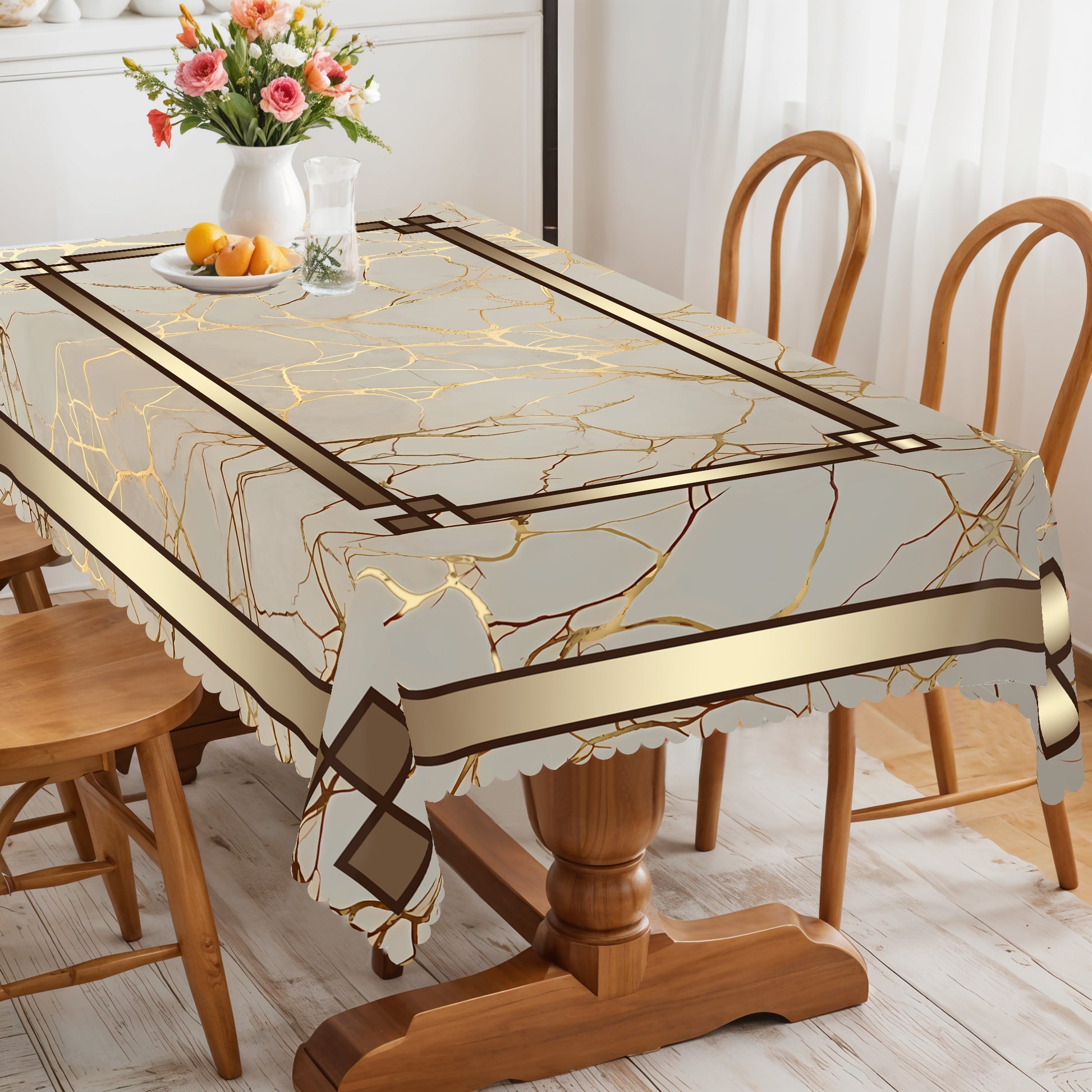 Vintage Golden stripes Tablecloth, Dustproof Easy-Care Dining Table Cover for Indoor Outdoor Use and Festive Home Decor