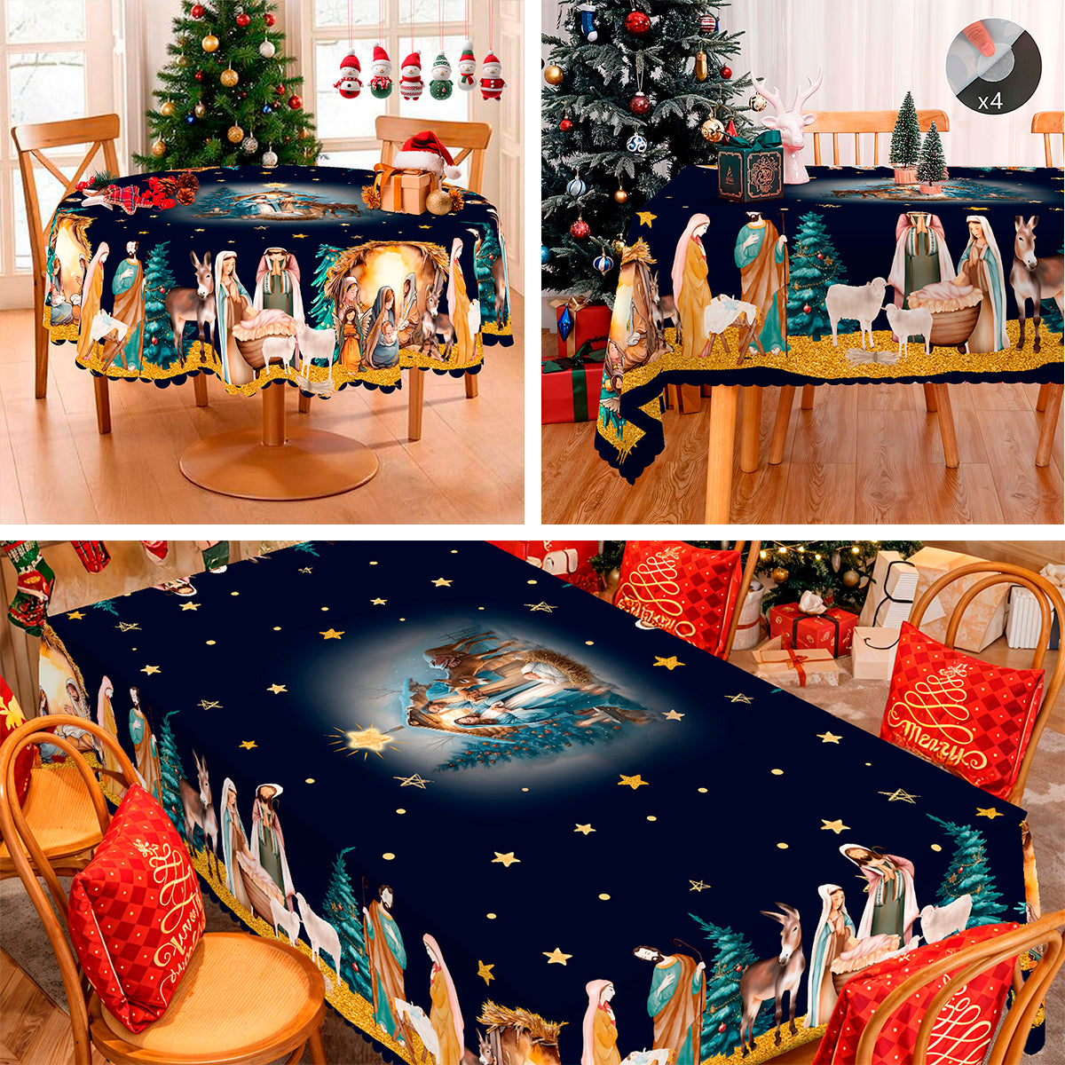 Christmas Tablecloth, Santa Claus and Christmas tree Stain-Resistant Table Cover for Dining Table Holiday Decor