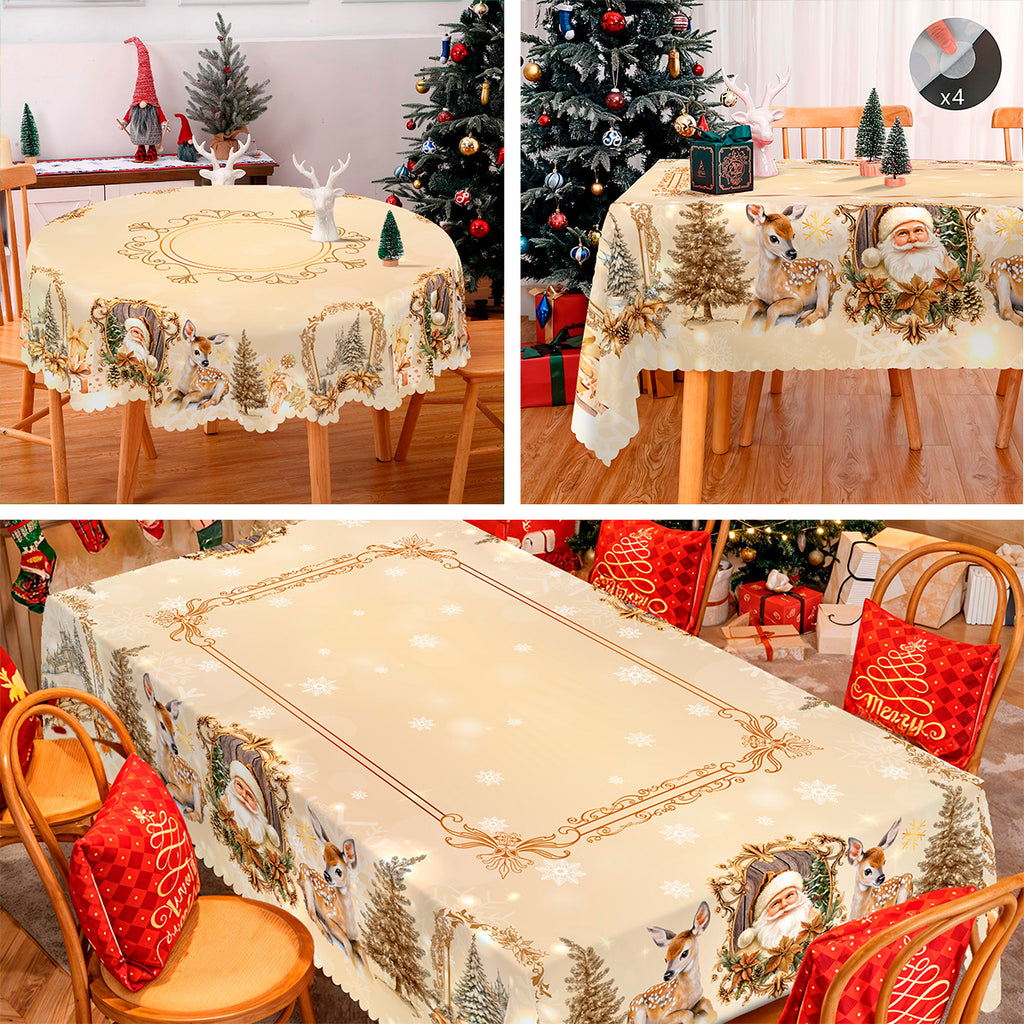 Christmas Tablecloth, Santa Claus and Christmas tree Stain-Resistant Table Cover for Dining Table Holiday Decor